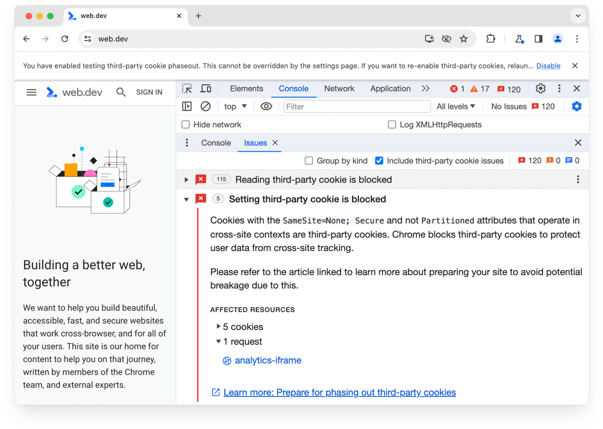 1 件のリクエストでブロックされた 5 個のサードパーティ Cookie に関する Chrome DevTools の [Issues] パネルの警告。