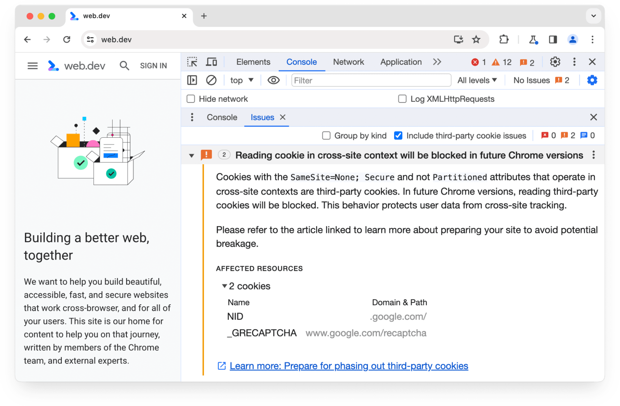 향후 Chrome 버전에서 차단될 서드 파티 쿠키 2개에 관한 Chrome DevTools 문제 패널 경고