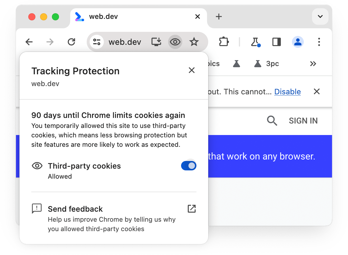 مربّع حوار "الحماية من التتبّع" مع ضبط مفتاح التبديل "ملفات تعريف الارتباط التابعة لجهات خارجية" على "مسموح به" وإشعار بأنّه سيتم السماح بذلك لمدة 90 يومًا