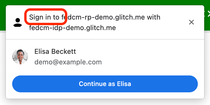 Dialog FedCM dirender dengan &#39;Login ke ****&#39;.