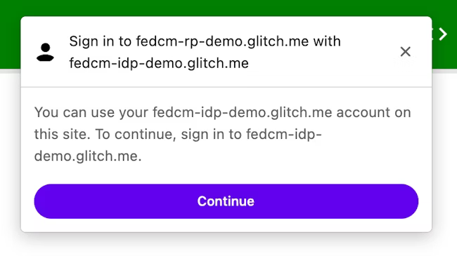 IdP에 로그인하라는 메시지가 표시된 FedCM 대화상자