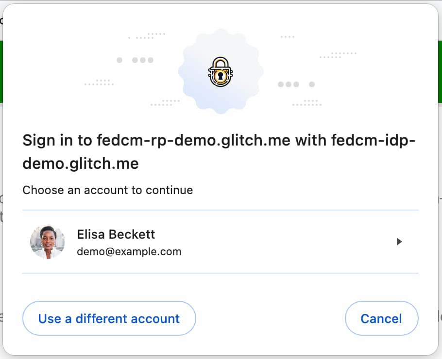 बटन मोड में, डेस्कटॉप Chrome पर सबसे ऊपर बीच में एक मोडल डायलॉग दिखता है.