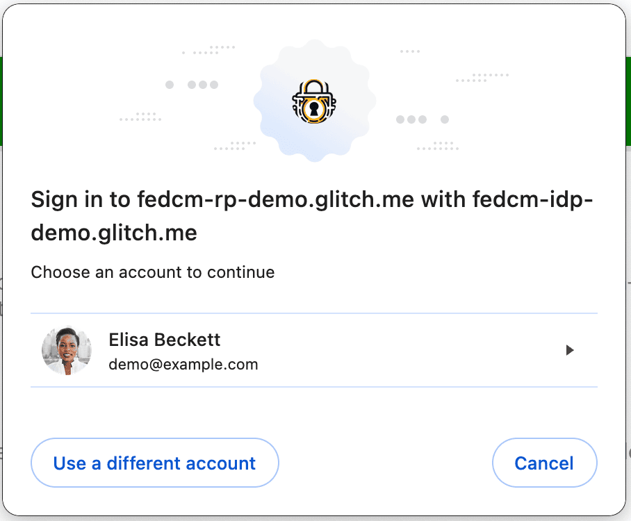 [別のアカウントを使用] ボタンが表示されている FedCM アクティブ モードのダイアログ。