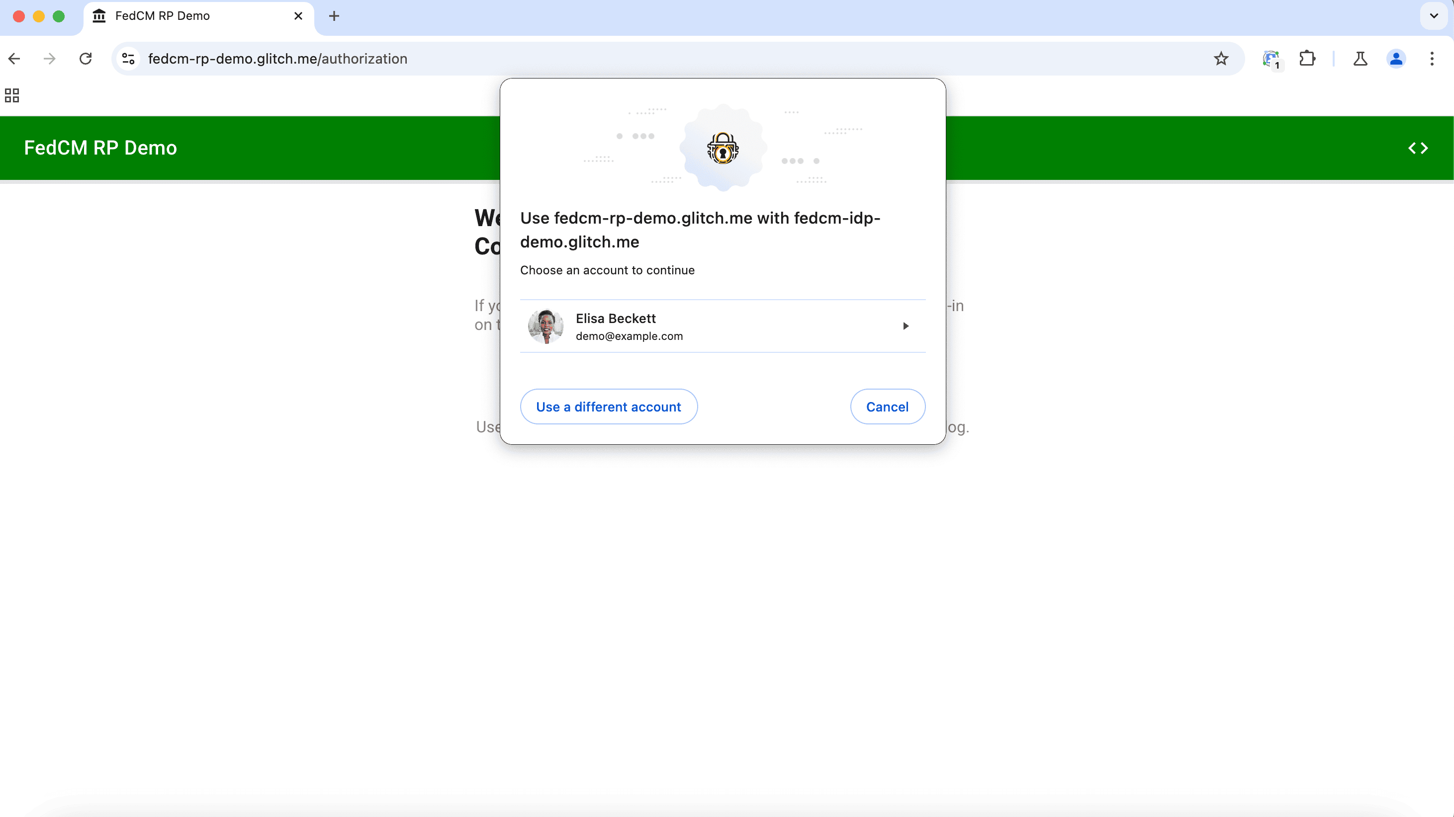 Un diálogo de modo activo de acceso de FedCM en una computadora de escritorio que le solicita a un usuario que acceda con su cuenta. El diálogo contiene un ícono de desarrollo de la marca y opciones para acceder a la RP con la cuenta actual que proporciona el IdP, elegir otra cuenta o cancelar. El diálogo está centrado y es más grande que el diálogo del modo pasivo.
