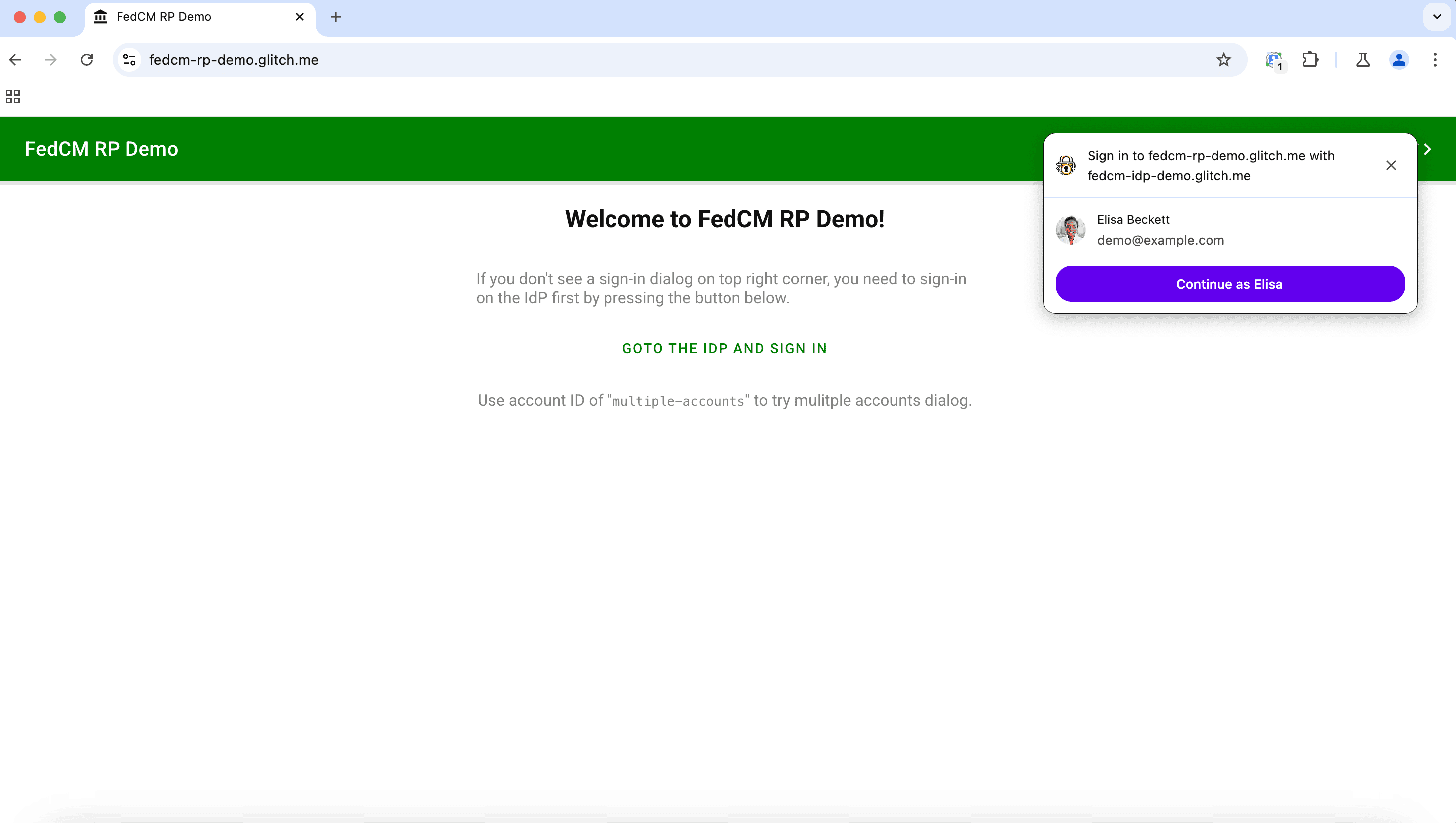 กล่องโต้ตอบโหมดการทำงานแบบไม่โต้ตอบการลงชื่อเข้าใช้ FedCM บนเดสก์ท็อปที่ขอให้ผู้ใช้ลงชื่อเข้าใช้ด้วยบัญชีของตน กล่องโต้ตอบจะมีไอคอนการสร้างแบรนด์และตัวเลือกในการเข้าสู่ระบบ RP ด้วยบัญชีปัจจุบันที่ IdP ระบุ หรือยกเลิก กล่องโต้ตอบจะปรากฏที่ด้านซ้ายบนของแท็บเบราว์เซอร์