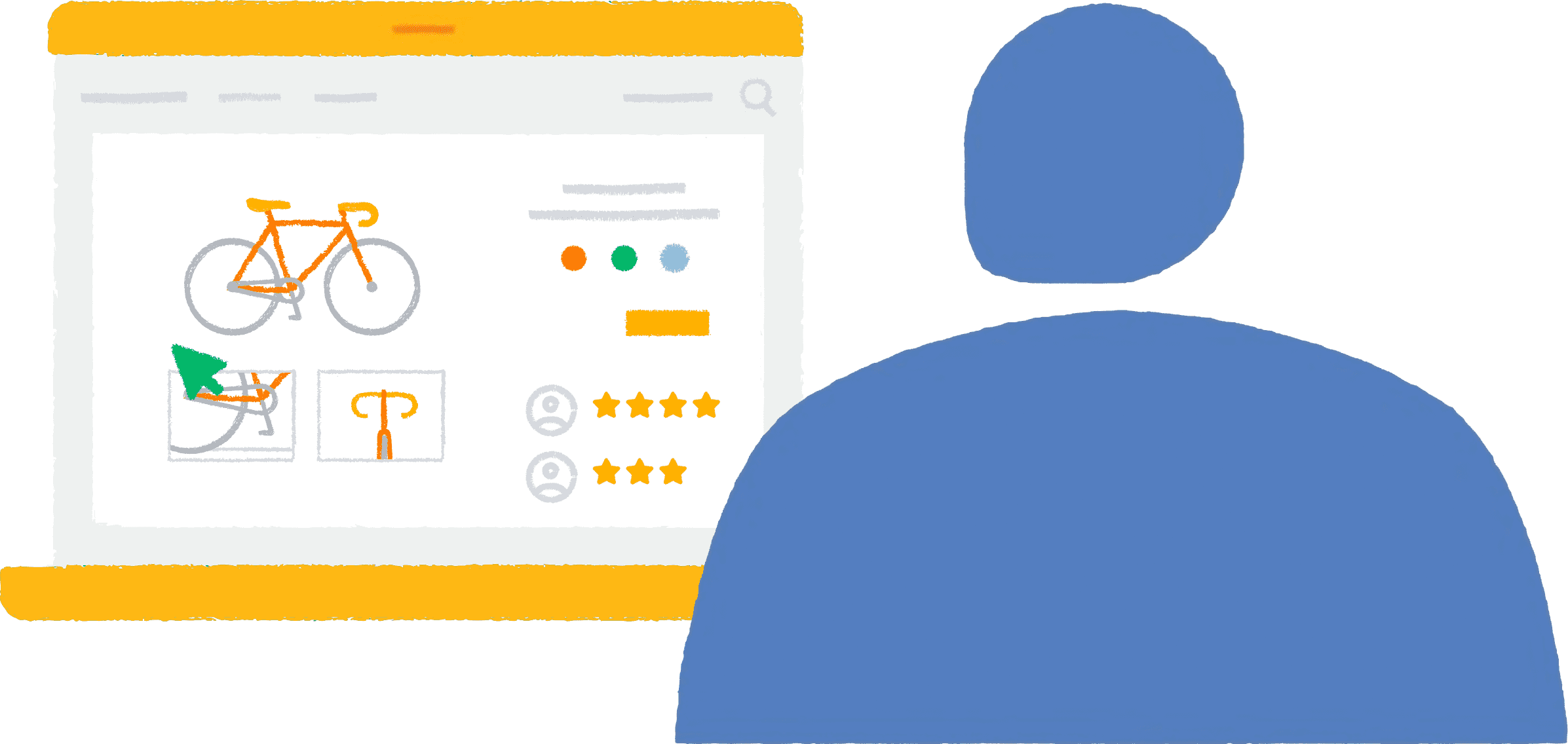 Illustration montrant une personne qui consulte le site Web d'un fabricant de vélos personnalisés dans un navigateur sur son ordinateur portable.