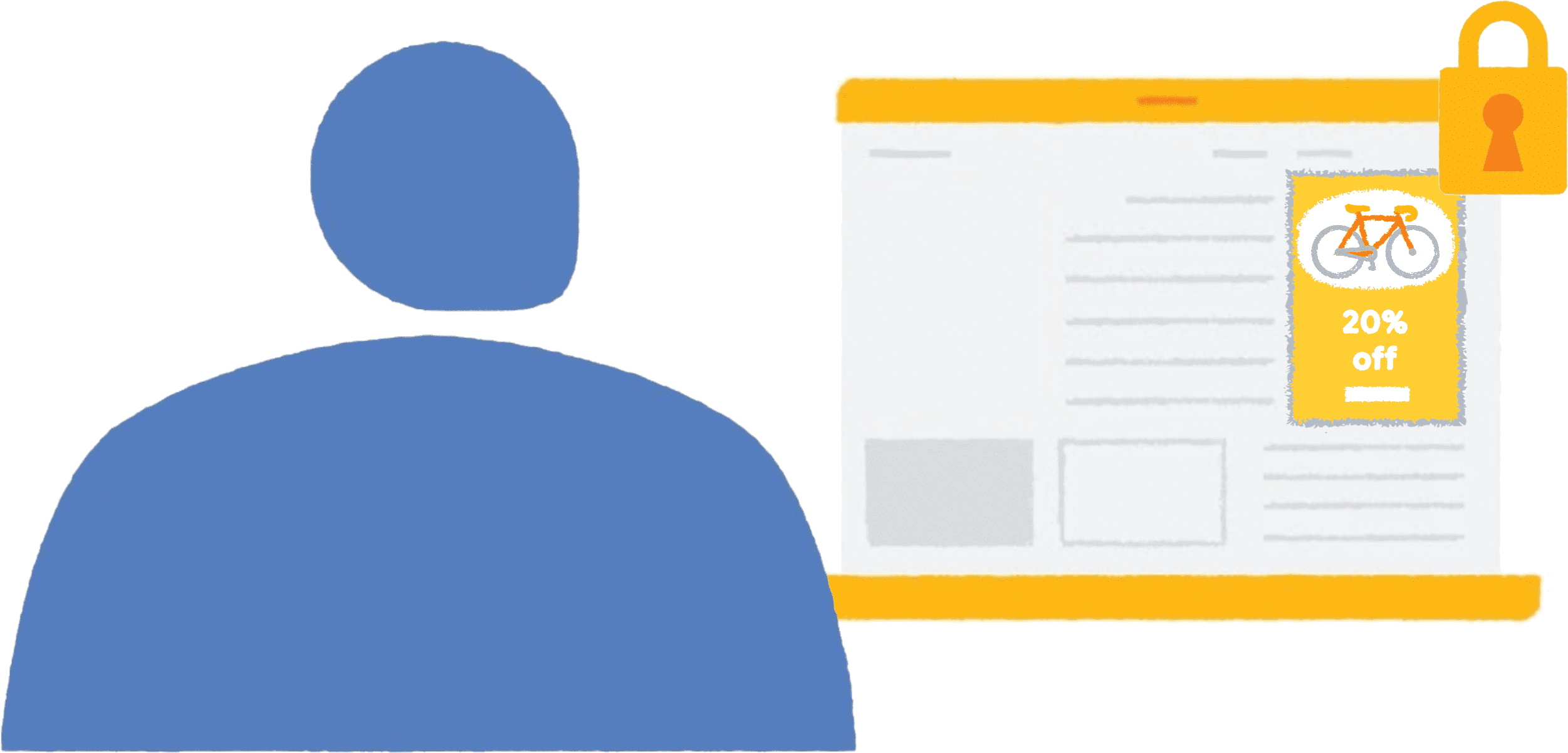 Illustrazione che mostra una persona che visualizza un sito web di notizie in un browser sul suo laptop. Viene visualizzato un annuncio per una bicicletta (20% di sconto) con un lucchetto sopra per indicare che l&#39;annuncio è visualizzato in un riquadro delimitato.