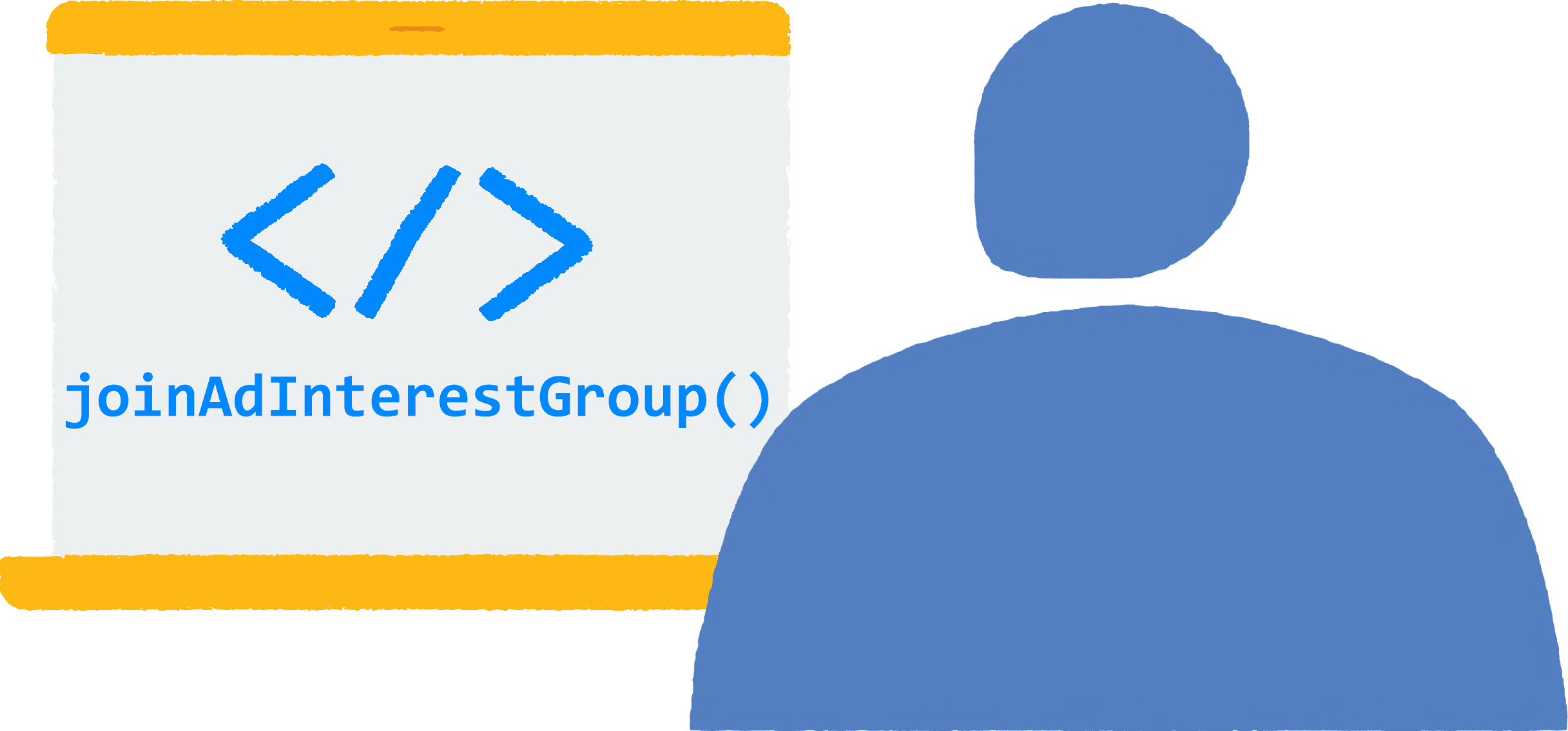 Illustration montrant une personne qui consulte un site dans un navigateur sur son ordinateur portable. Le code JavaScript joinAdInterestGroup() s'exécute dans le navigateur.