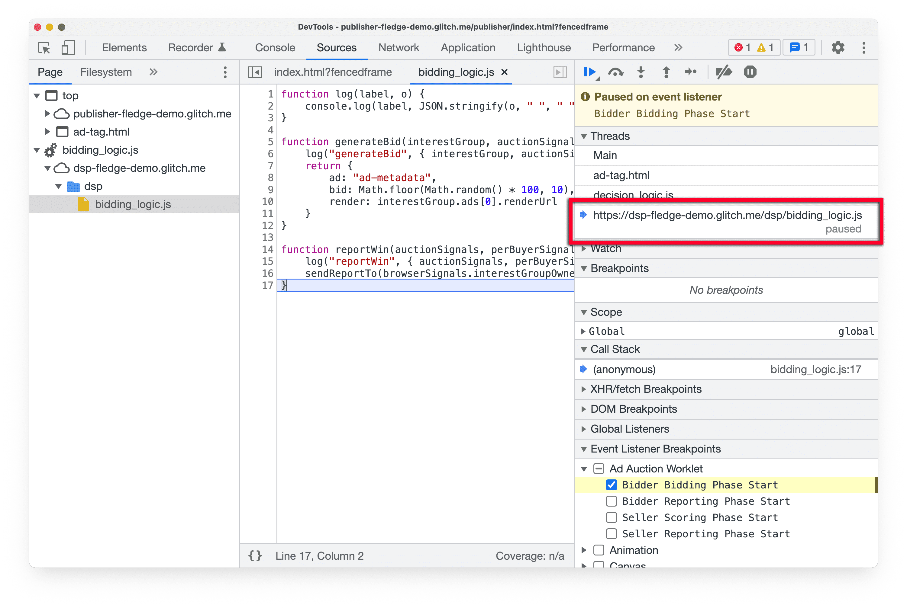 اسکرین شات از DevTools در Chrome Canary، با برجسته کردن قسمت Threads در پانل Sources، نشان دادن جریان فعلی اسکریپت worklet که متوقف شده است.
