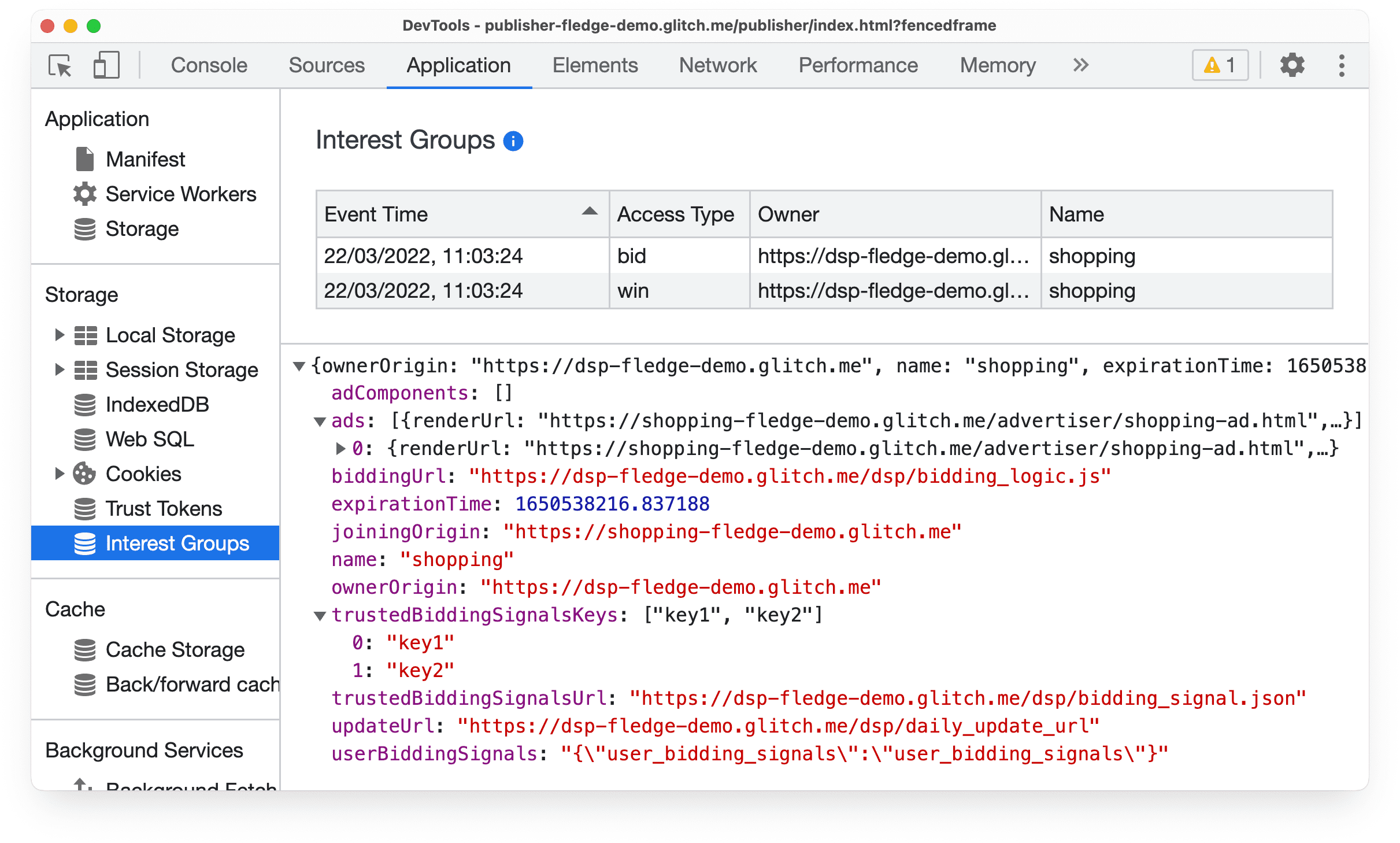 Chrome Canary의 DevTools 애플리케이션 패널로, Protected Audience 입찰가 및 낙찰 이벤트에 관한 정보를 보여줍니다.