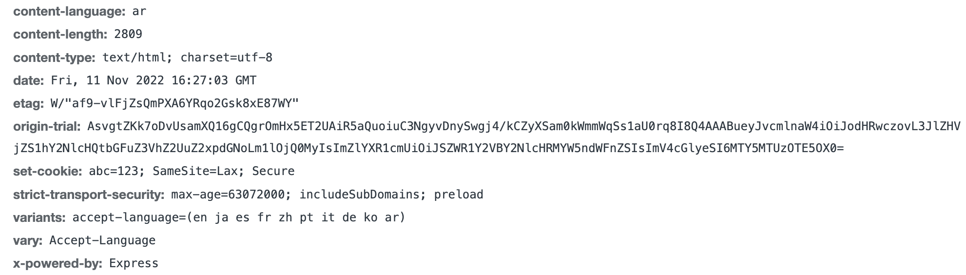 Una captura de pantalla del encabezado de la solicitud con el Accept-Language reducido
