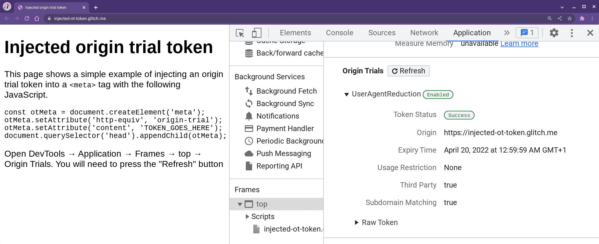 DevTools muestra el estado de la prueba de origen en Aplicaciones.