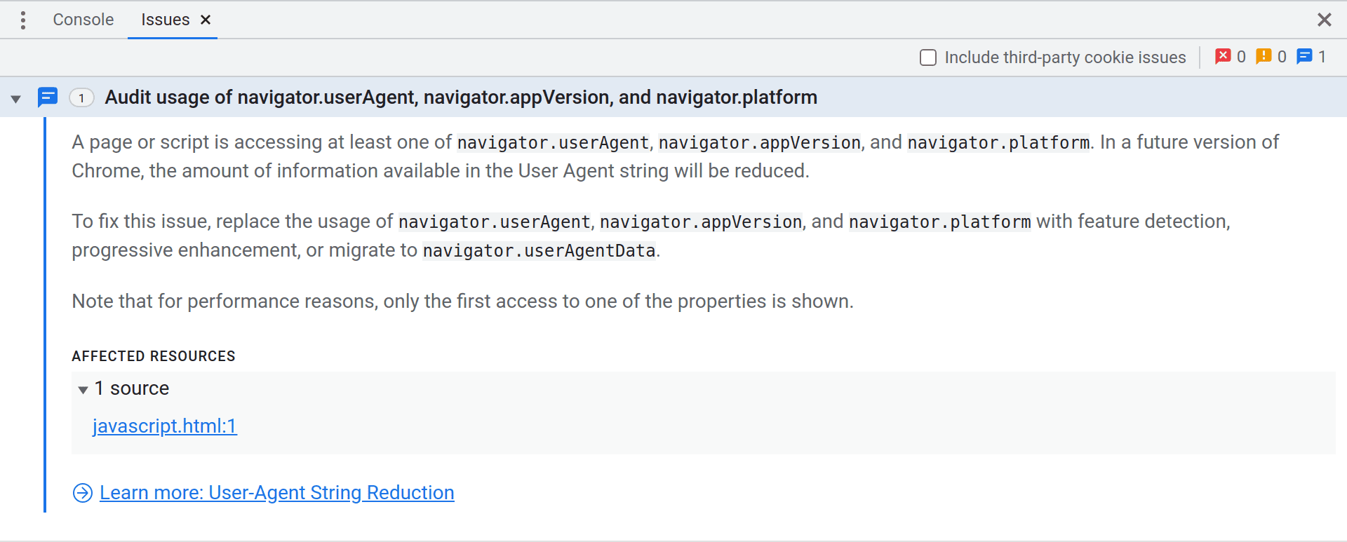 navigator.userAgent、navigator.appVersion、navigator.platform の使用状況を監査するようデベロッパーにアドバイスする改善に関する問題を示す DevTools の問題パネル