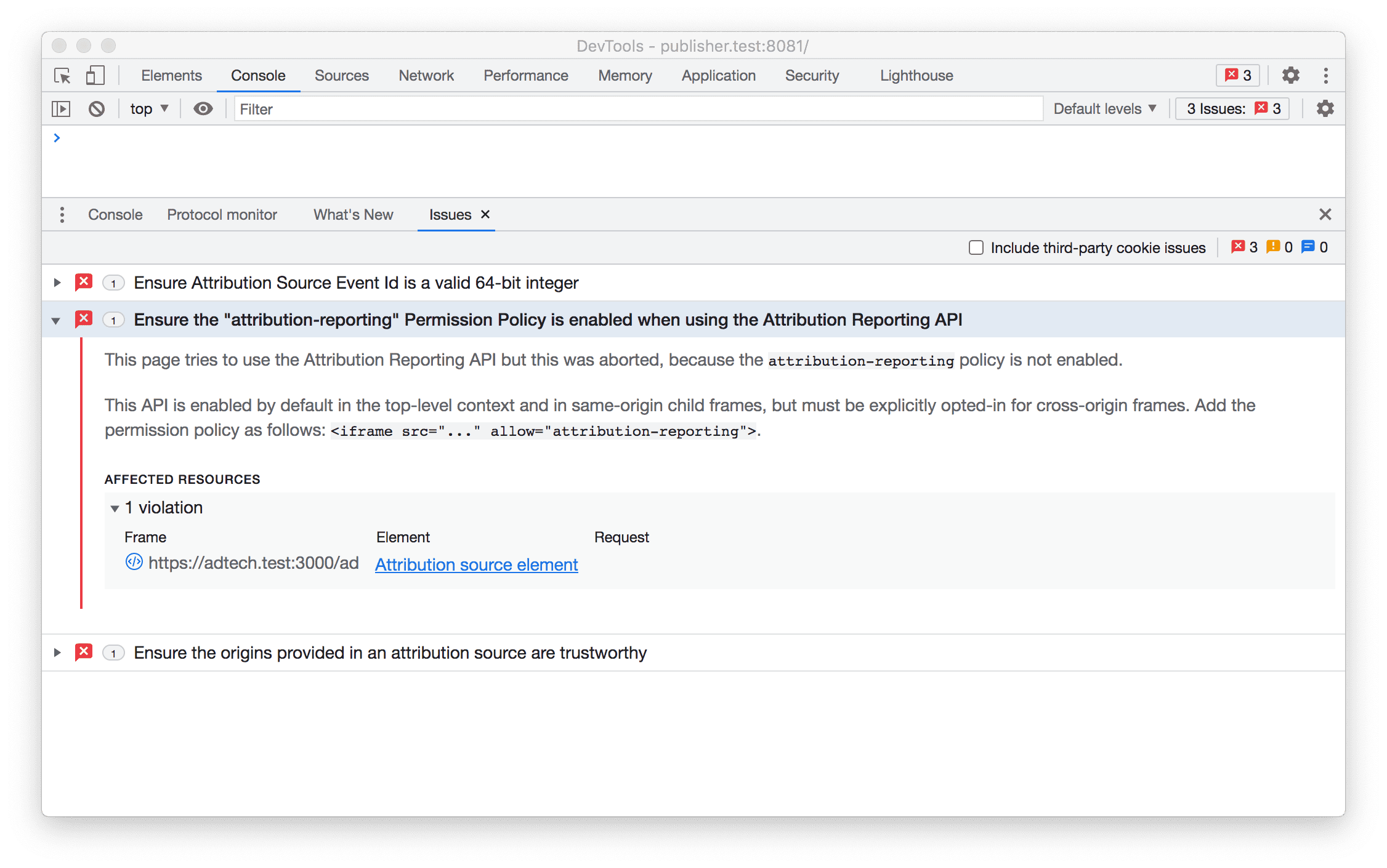 اسکرین شات DevTools که مشکلات API گزارش Attribution را نشان می‌دهد.
