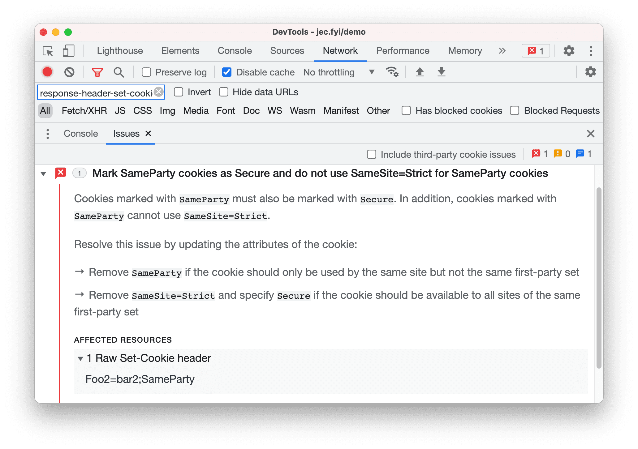 Capture d'écran de DevTools montrant l'en-tête Set-Cookie brut d'un cookie présentant un problème.