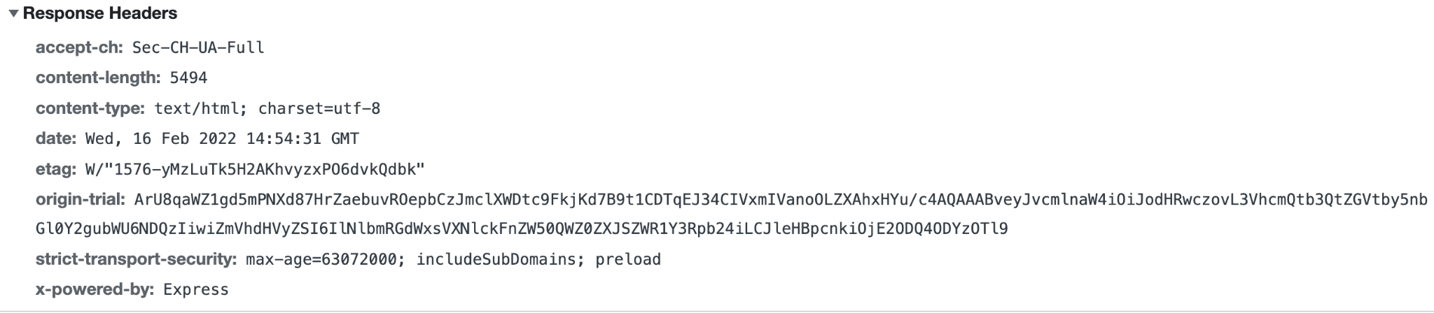 Os cabeçalhos da resposta inicial que contêm o token de teste de origem.