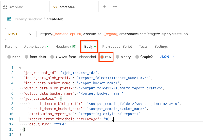 เนื้อหาคำขอ createJob ของ Postman