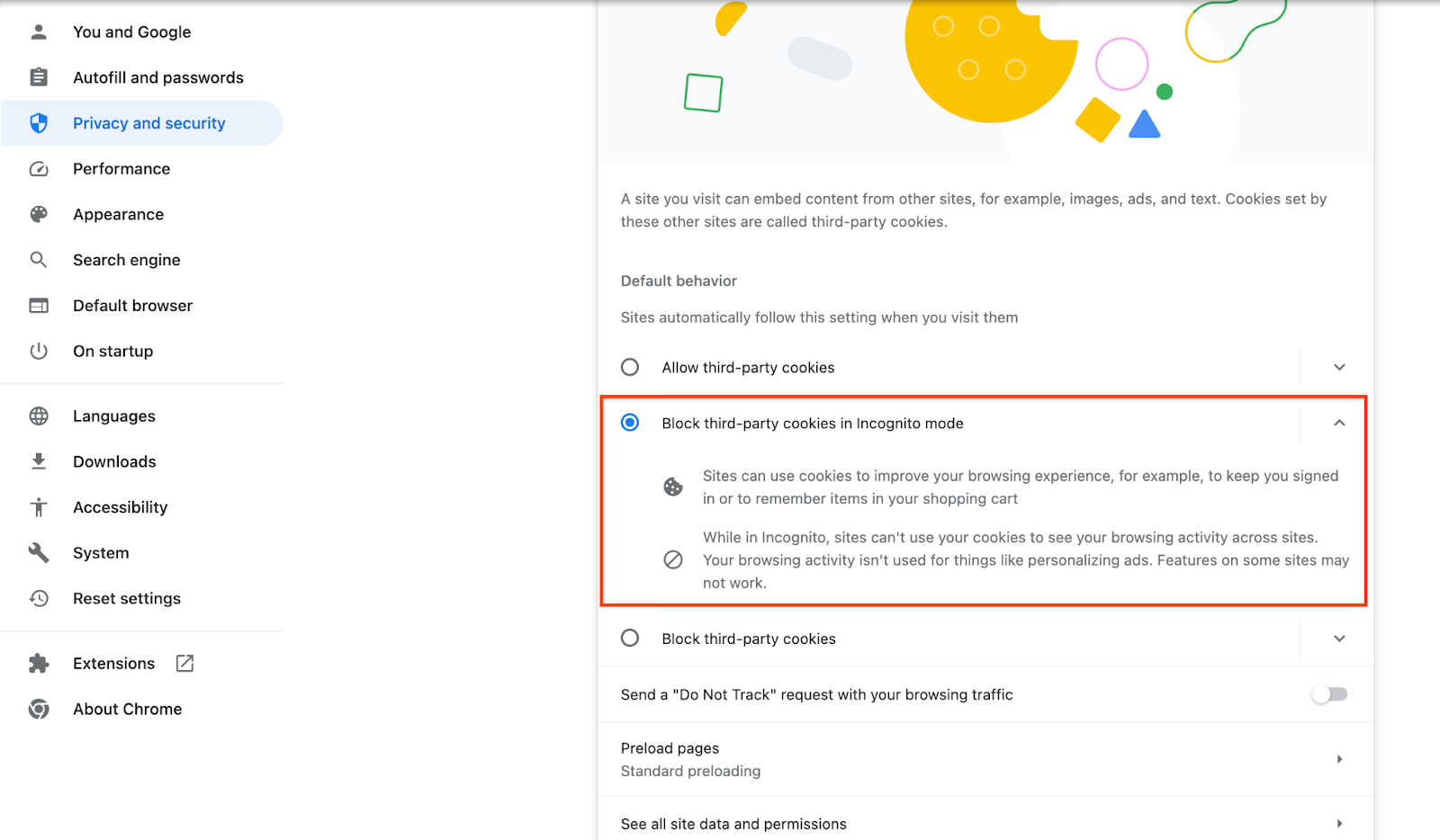 Configuración de cookies de terceros de Chrome.