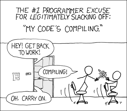 Muestra a dos programadores holgazaneando en la oficina, lo que hace que el gerente les diga que vuelvan a trabajar. Los trabajadores dicen que el código se está compilando, y el gerente está de acuerdo. El autor de este cómic considera que esa es la excusa legítima número uno para holgazanear.