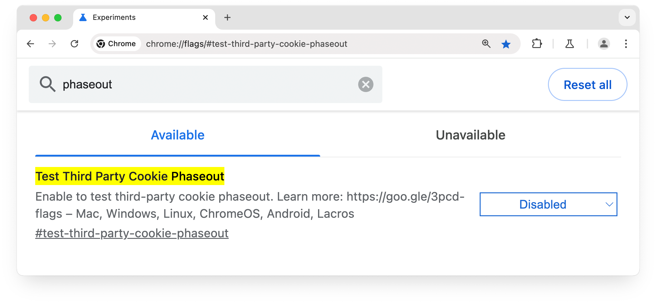 서드 파티 쿠키 단계적 폐지가 사용 설정된 Chrome 플래그 페이지