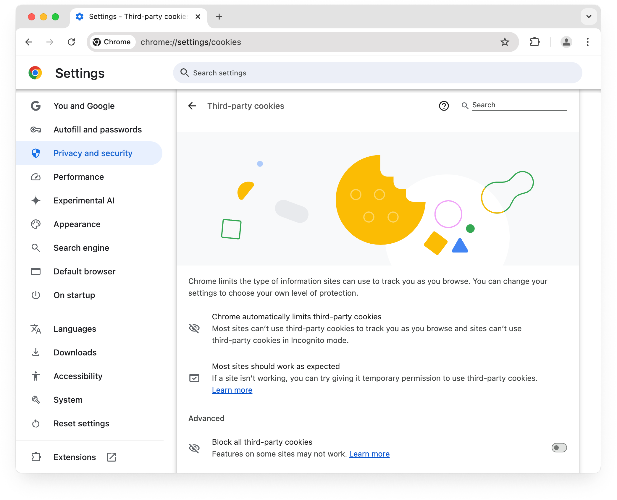 Cookie がデフォルトでブロックされる 1% のテストグループのブラウザの chrome://settings/cookies ページ