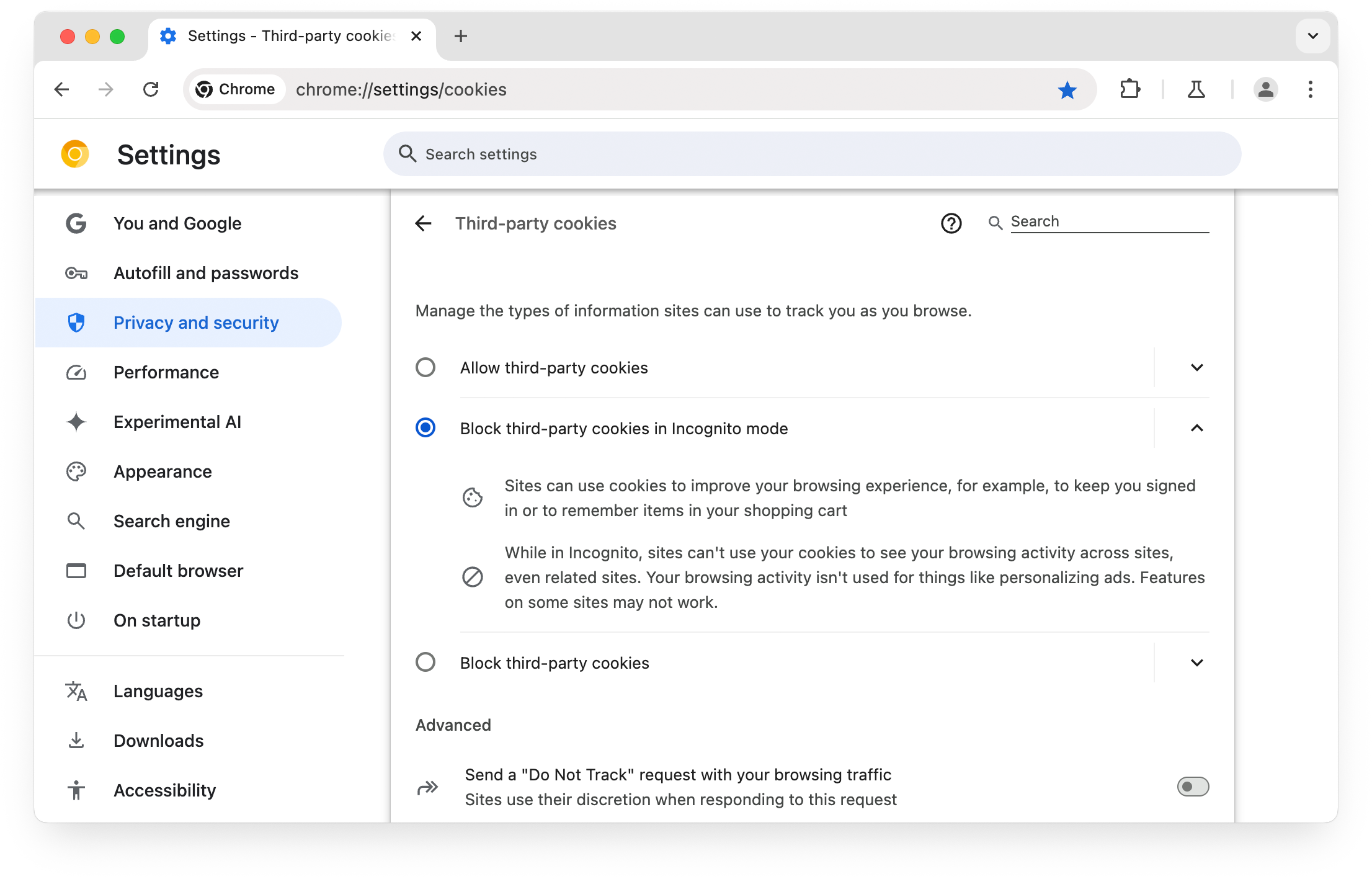 Chrome কুকিজ সেটিংস পৃষ্ঠা