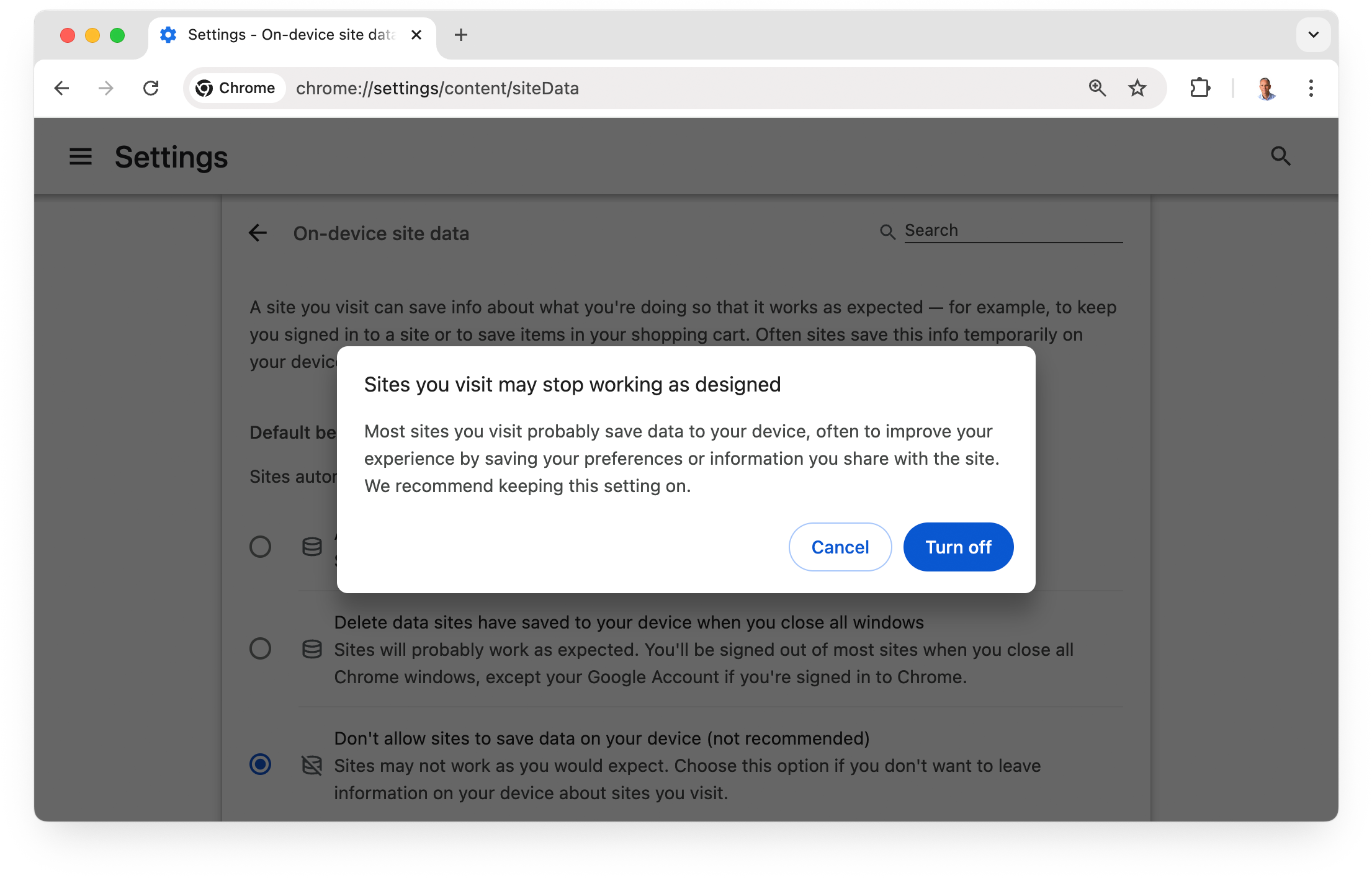 '사이트에서 기기에 데이터를 저장하도록 허용하지 않음 (권장하지 않음)'이 선택된 Chrome 사이트 데이터 설정 페이지
