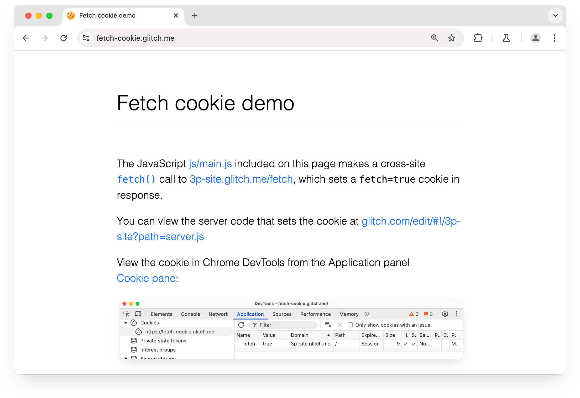 Démonstration de cookie de récupération multisite : fetch-cookie.glitch.me
