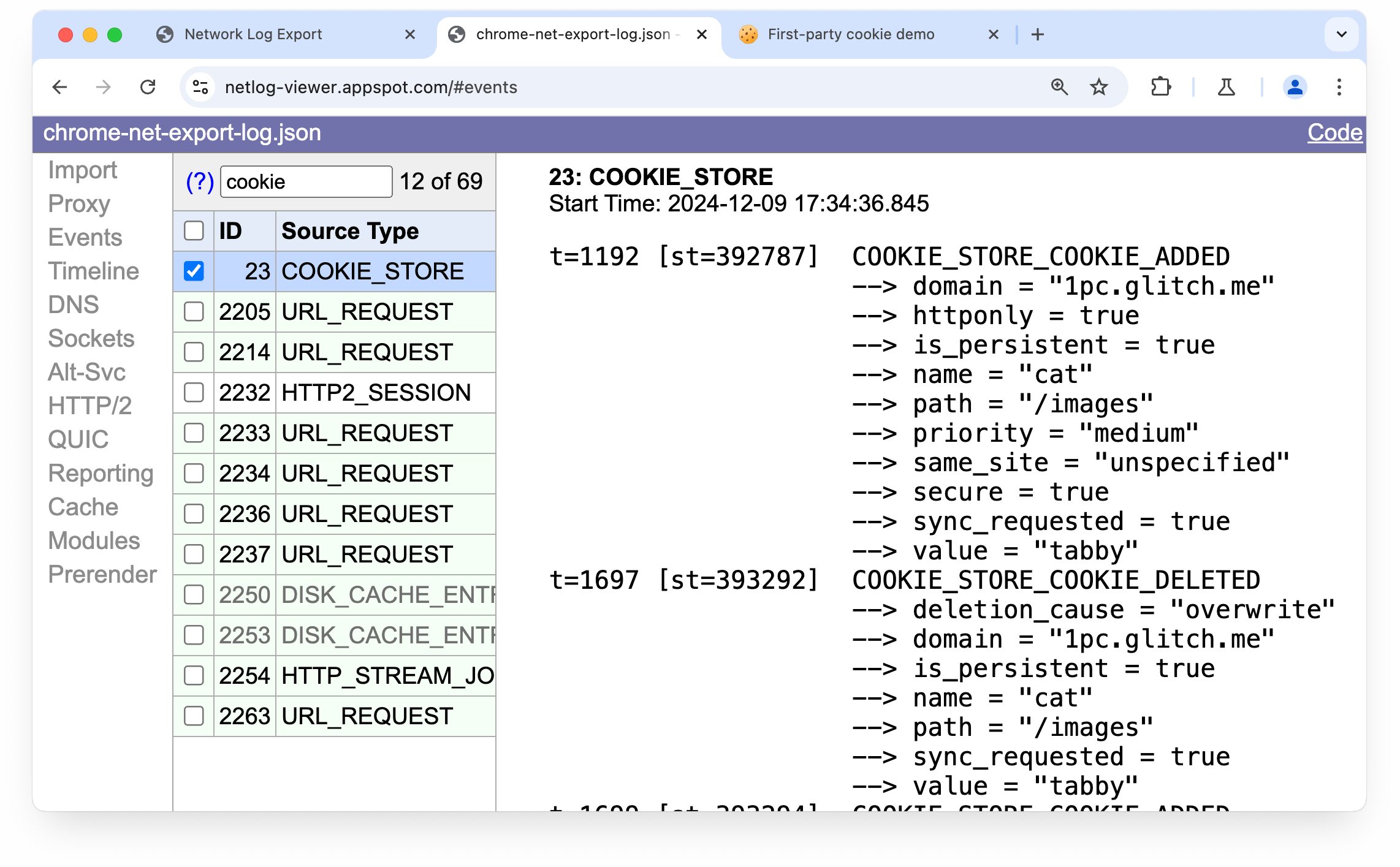 netlog viewer में देखा गया chrome://net-export का आउटपुट