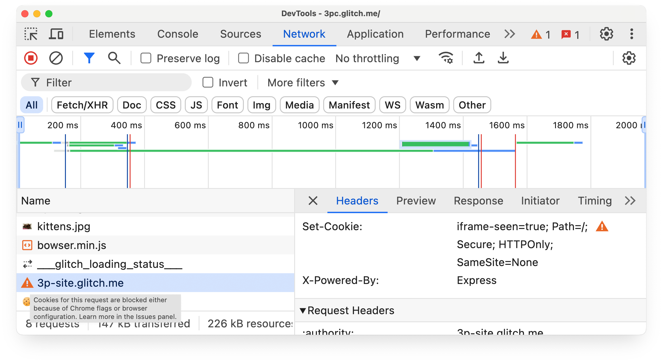 クロスサイト Cookie のブロック理由が表示されている Chrome DevTools の [Network] パネル