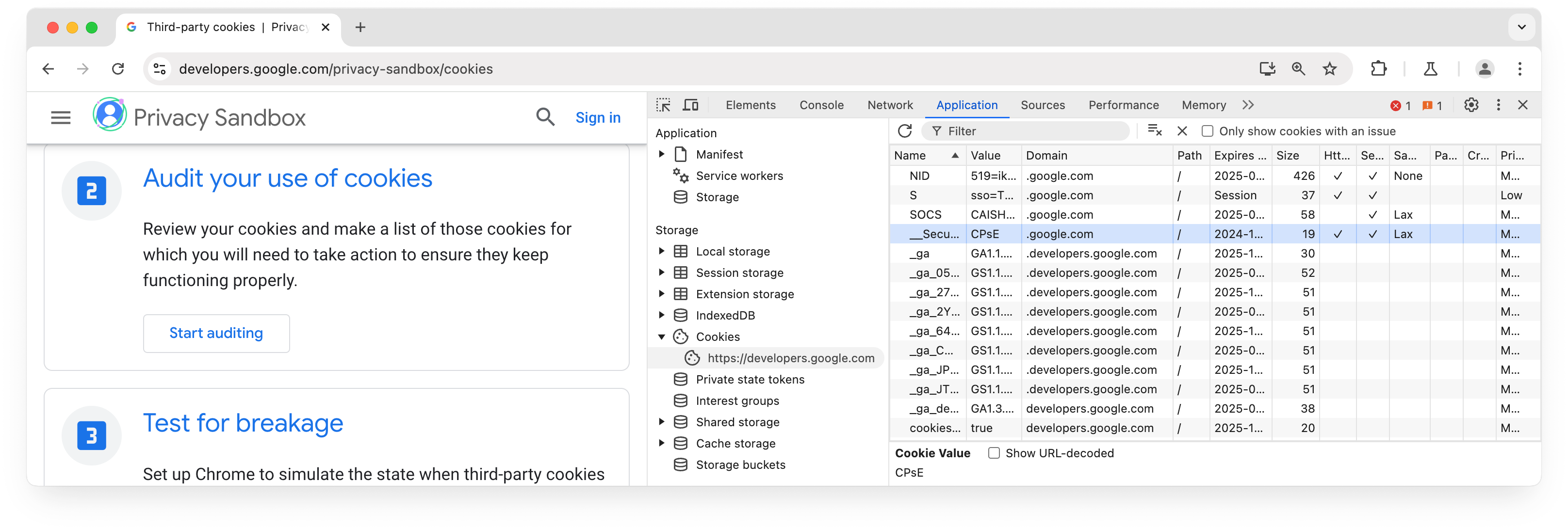 Chrome DevTools 애플리케이션 패널의 쿠키 창에 사이트 web.dev의 정보가 표시됨