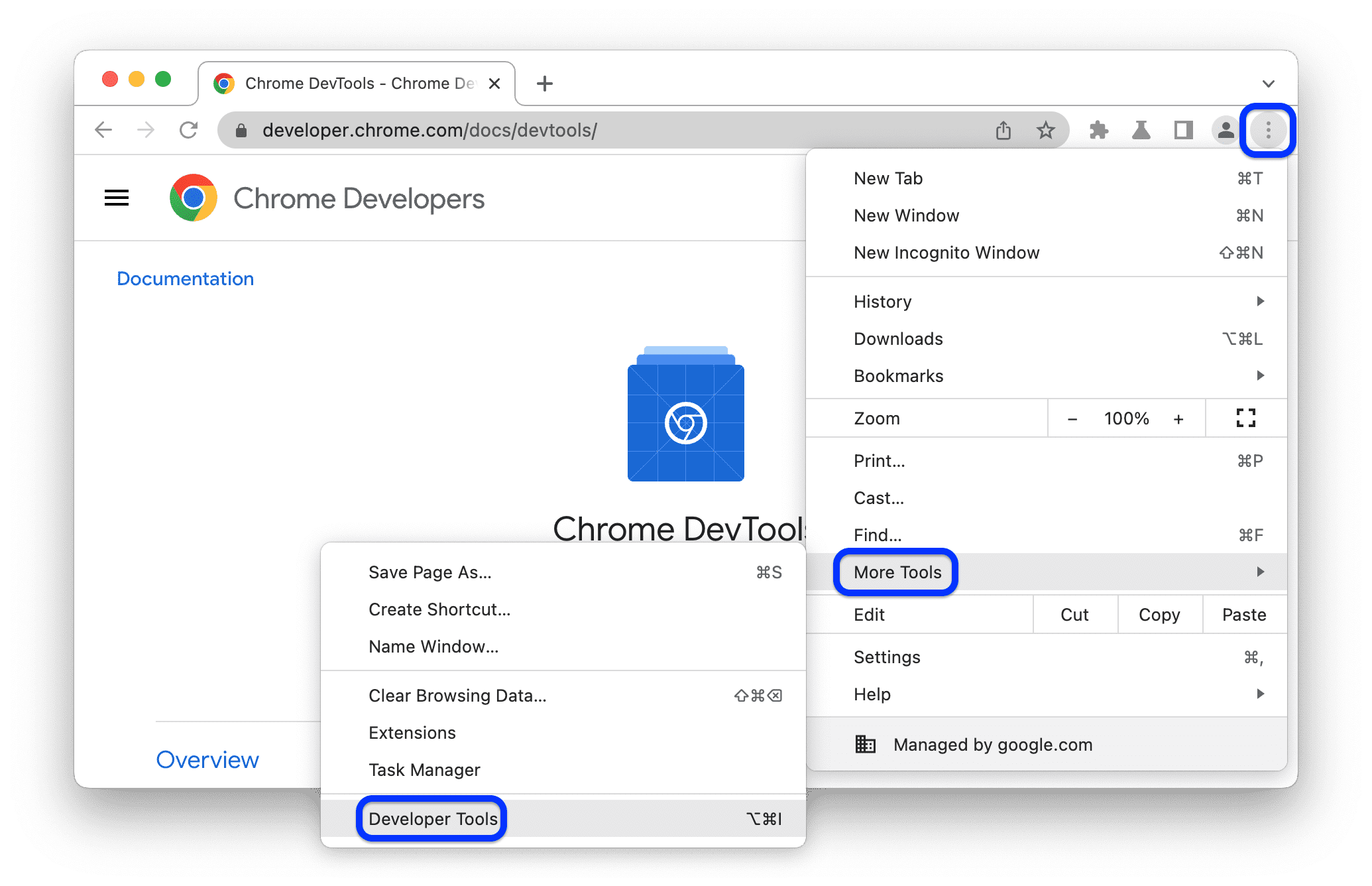 Откройте Chrome DevTools: нажмите кнопку ⋮ справа от адресной строки и выберите «Дополнительные инструменты» > «Инструменты разработчика».