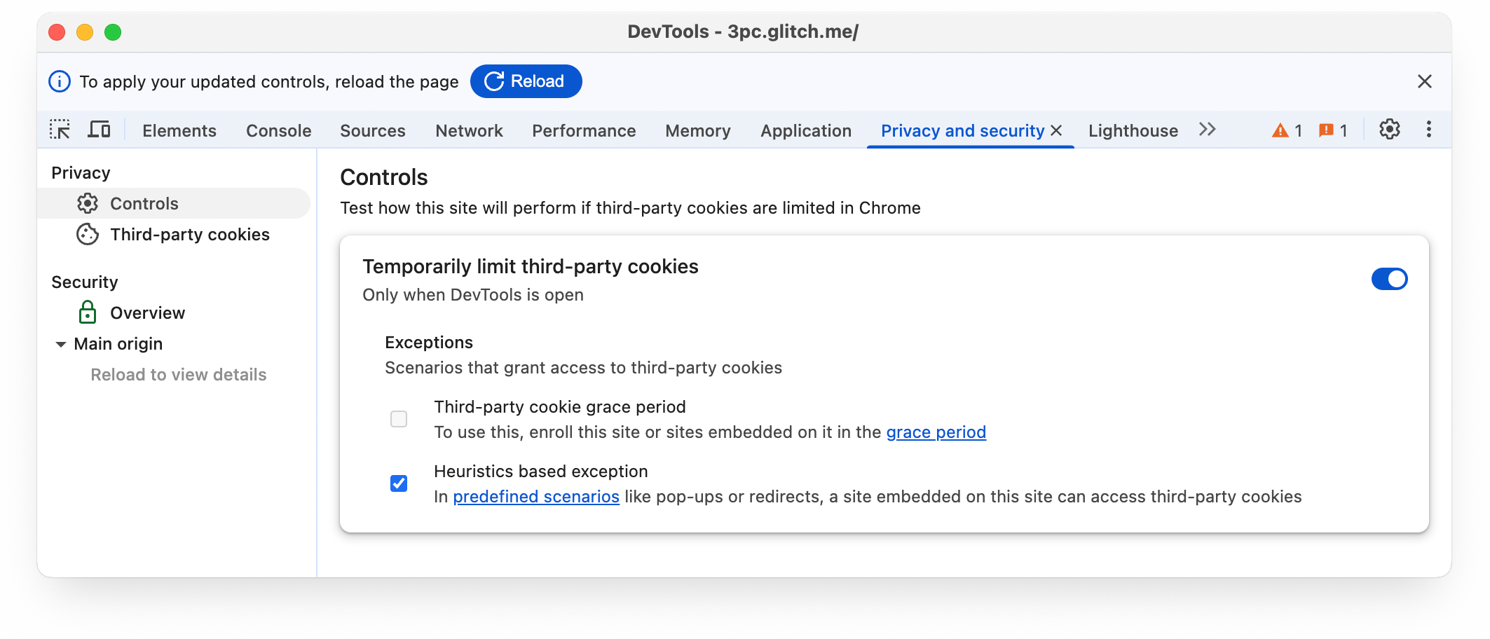 Panel de privacidad y seguridad de las Herramientas para desarrolladores de Chrome que muestra la pestaña Controles seleccionada