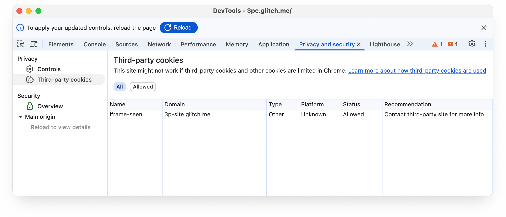 Panel Privacidad y seguridad de las Herramientas para desarrolladores de Chrome que muestra la pestaña Cookies de terceros seleccionada