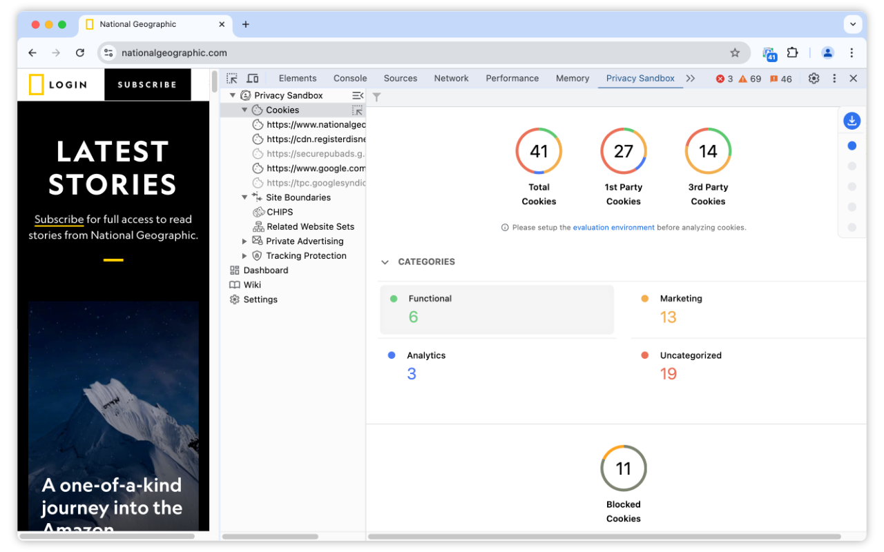 Privacy Sandbox Analysis Tool que muestra información sobre las cookies.