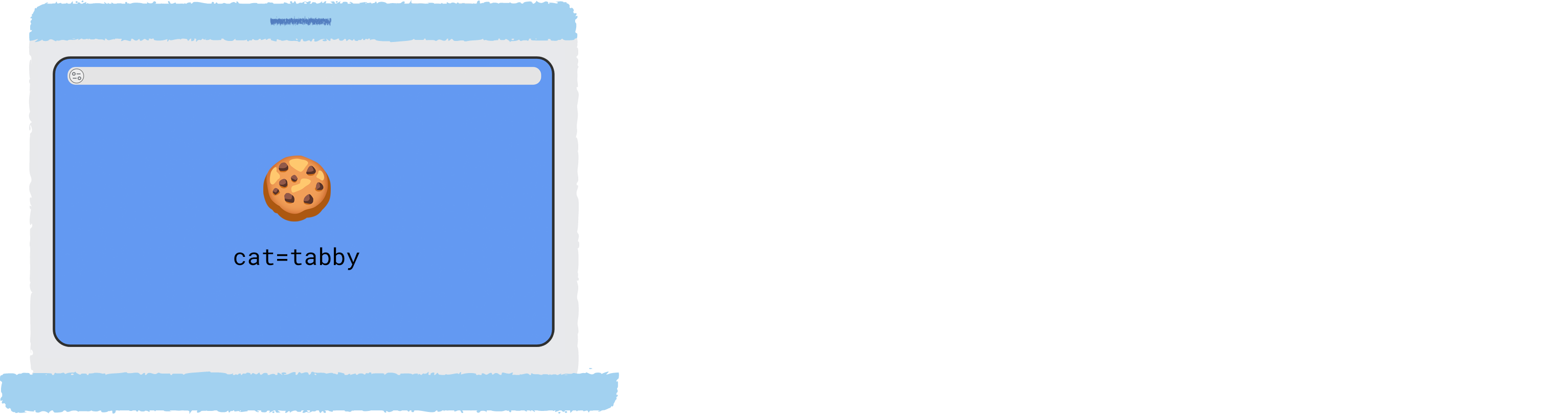 ノートパソコンのウェブブラウザに表示された Cookie の cat=tabby。