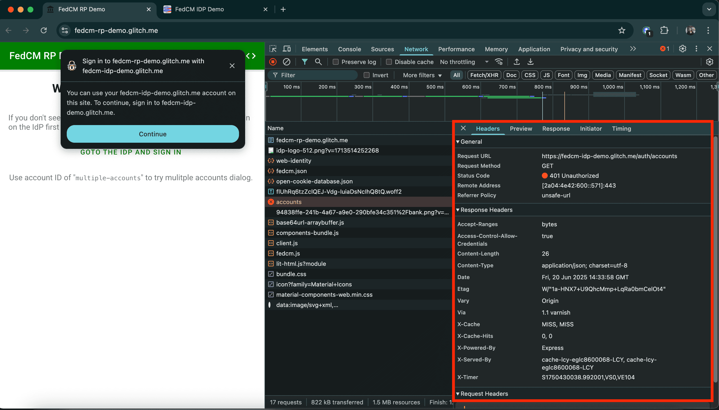 La pestaña Encabezados de los detalles de la solicitud indica que la solicitud al endpoint &quot;accounts&quot; falló con el código de estado &quot;401 Unauthorized&quot;.