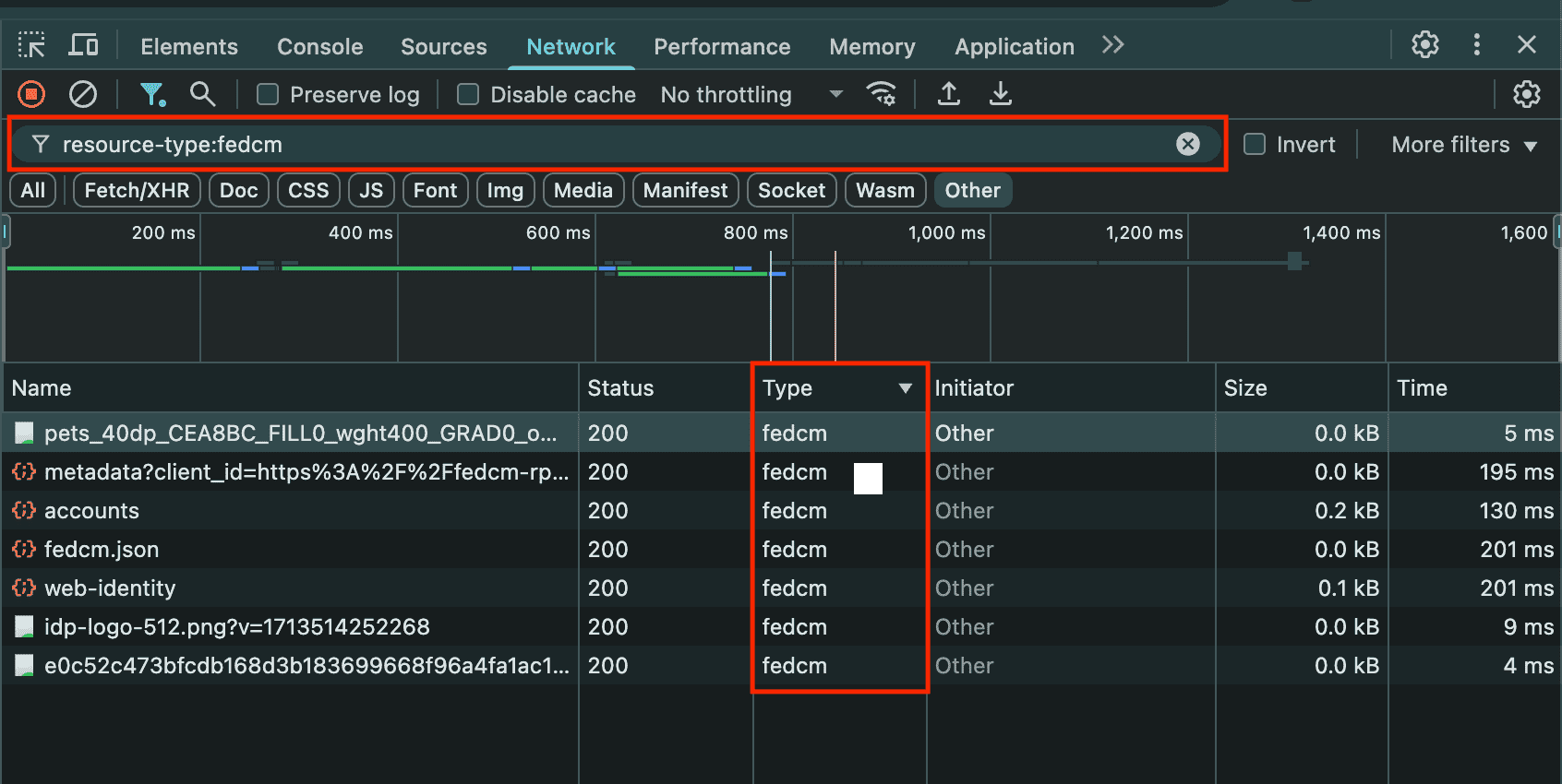 DevTools Network 패널이 열려 있고 &#39;resource-type:fedcm&#39; 필터가 적용되어 목록에 FedCM 요청만 표시됩니다.