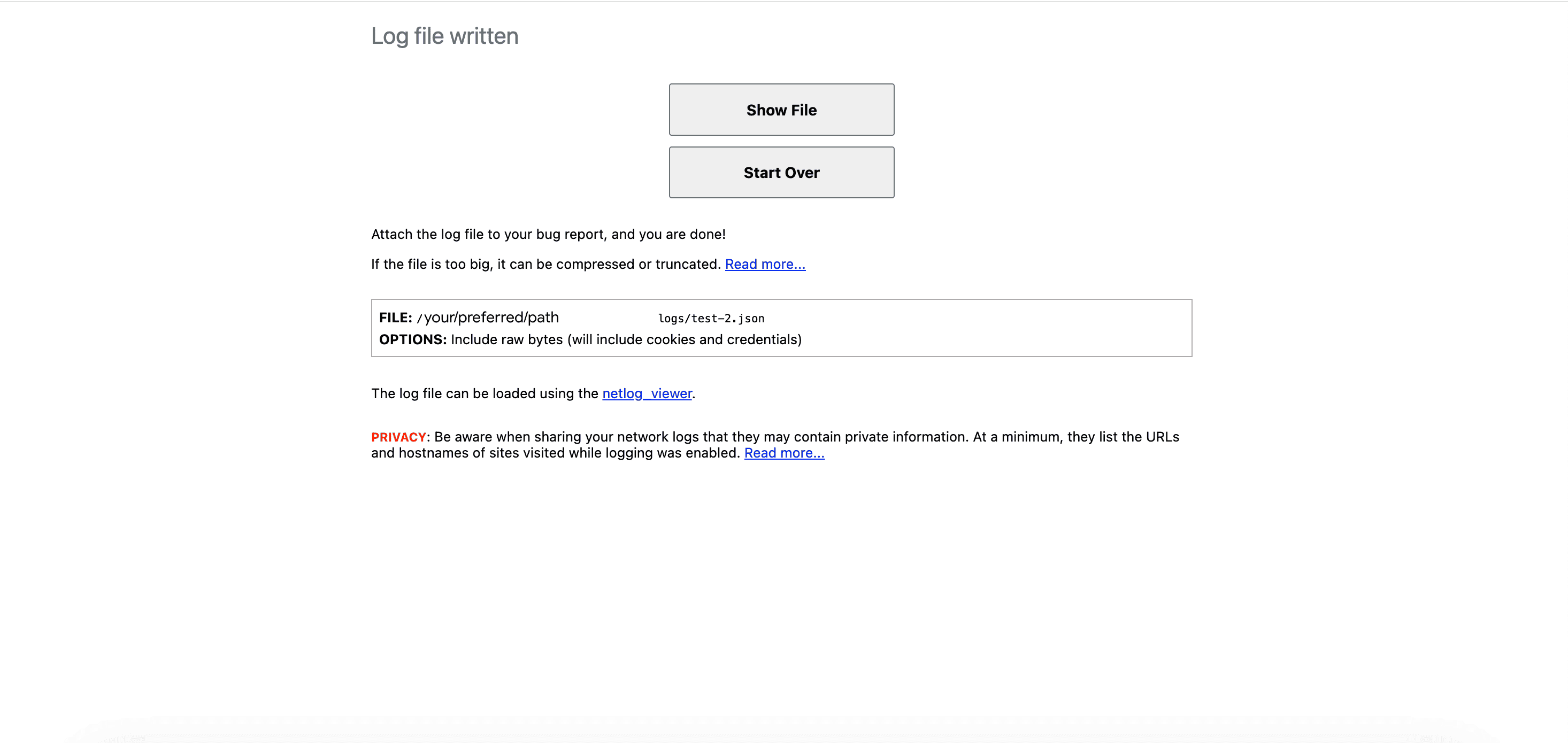 Net-export tool interface: The log file has been written, and the
  file path is displayed.