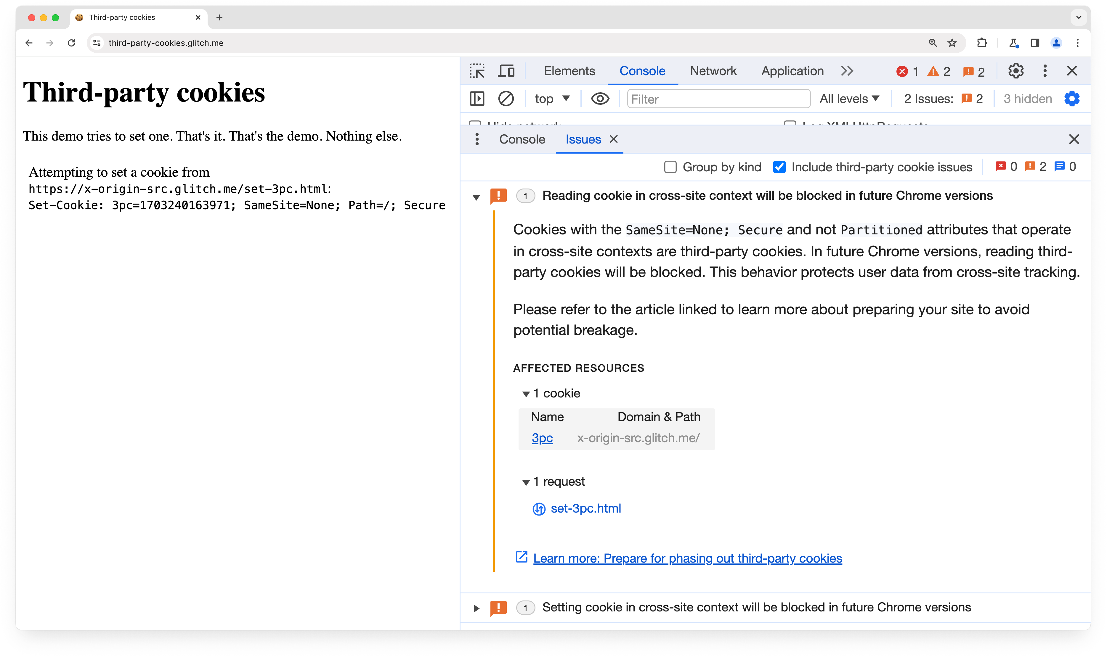 Guia "Issues" do DevTools mostrando um aviso para cookies SameSite=None.