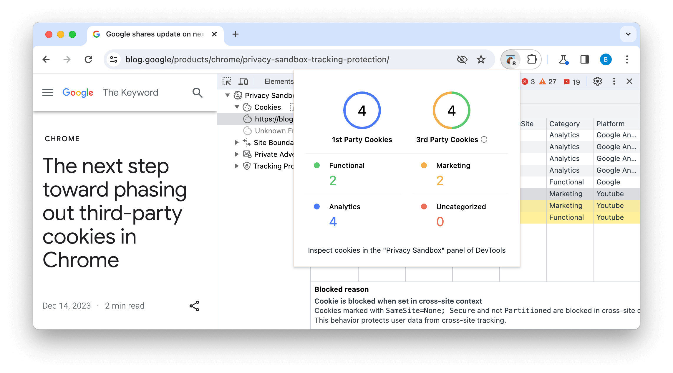 プライバシー サンドボックス分析ツール（PSAT）のスクリーンショット。モーダルで使用されている Cookie の数と種類、ブロックされた理由とともに、その背後にある Cookie のリストが表示されています。