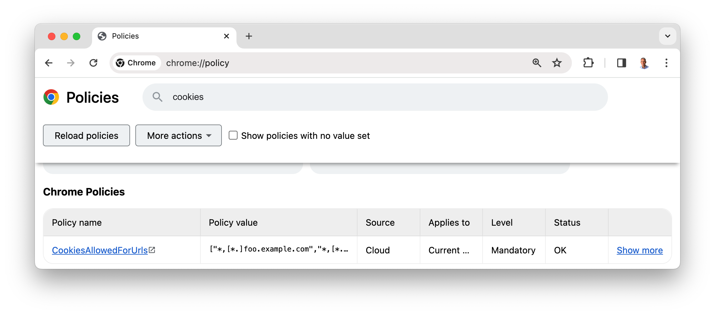 chrome://policy w środowisku Chrome Enterprise z skonfigurowanymi zasadami