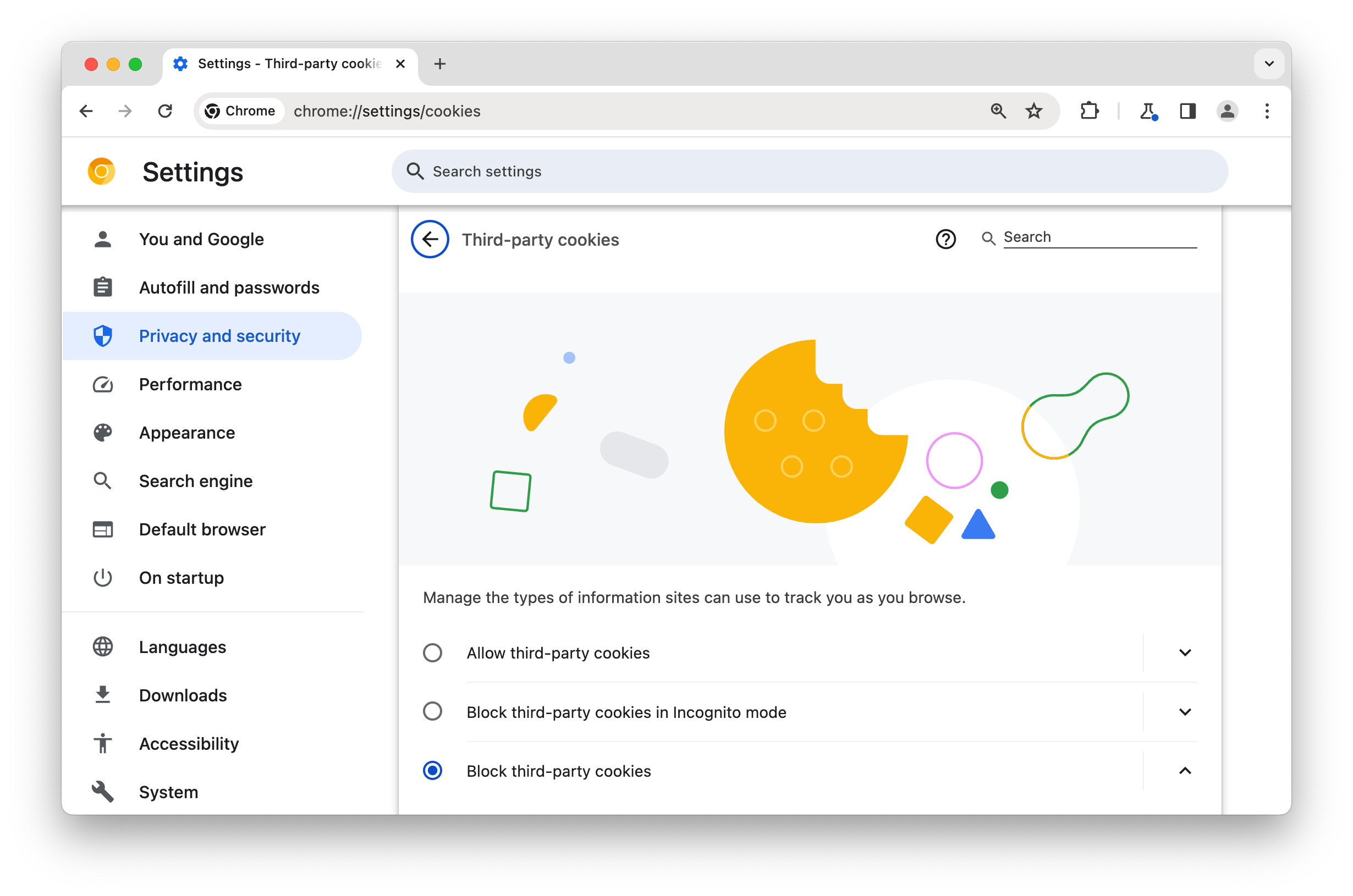 Page chrome://settings/cookies, option "Bloquer les cookies tiers" sélectionnée