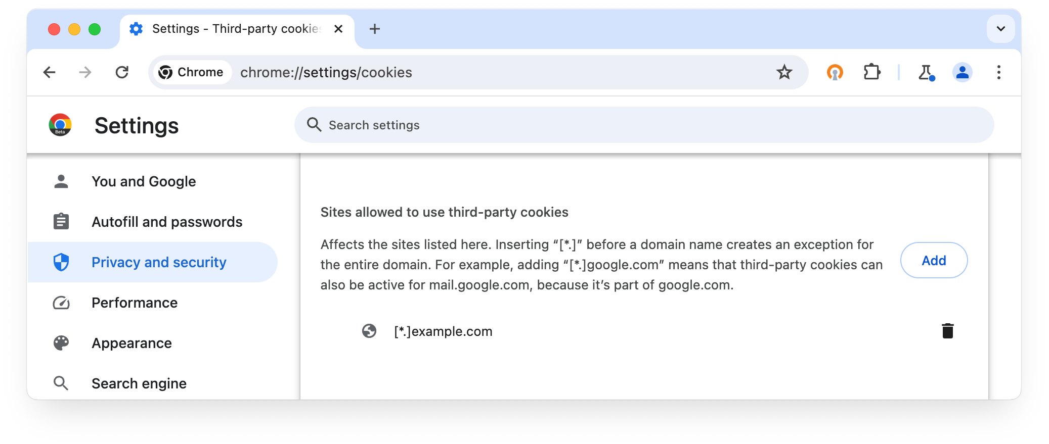 chrome://settings/cookies: वे साइटें जिन्हें तीसरे पक्ष की कुकी इस्तेमाल करने की अनुमति दी गई है