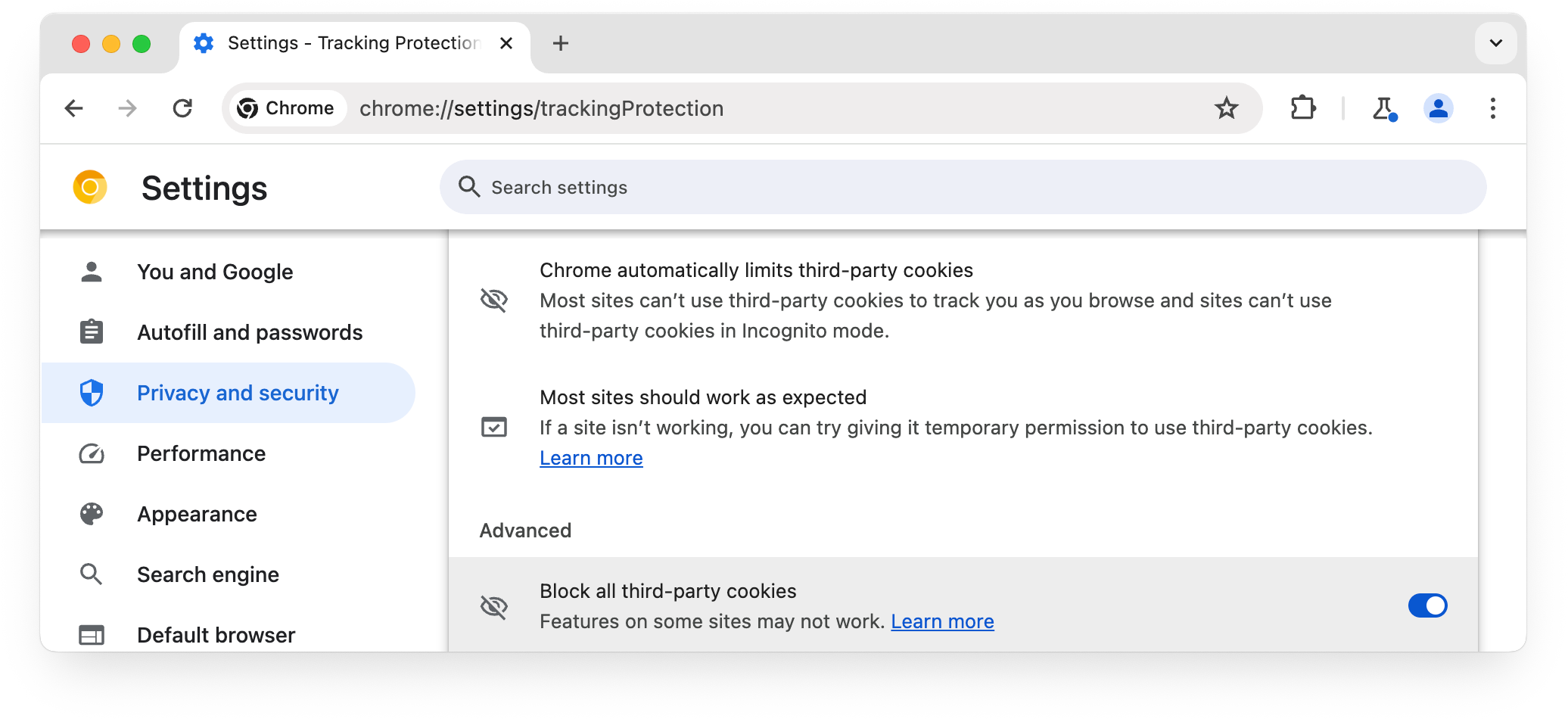 chrome://settings/trackingProtection 頁面，已選取「封鎖所有第三方 Cookie」