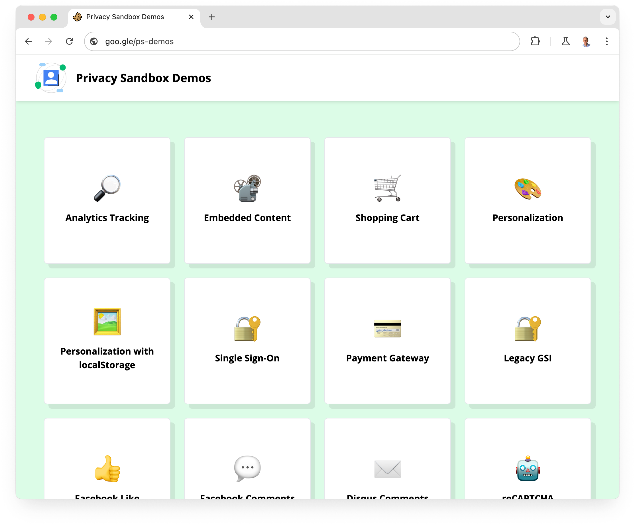Página de demostraciones de Privacy Sandbox, que muestra casos de uso esenciales, como el seguimiento de estadísticas, el contenido incorporado, el carrito de compras y reCAPTCHA.