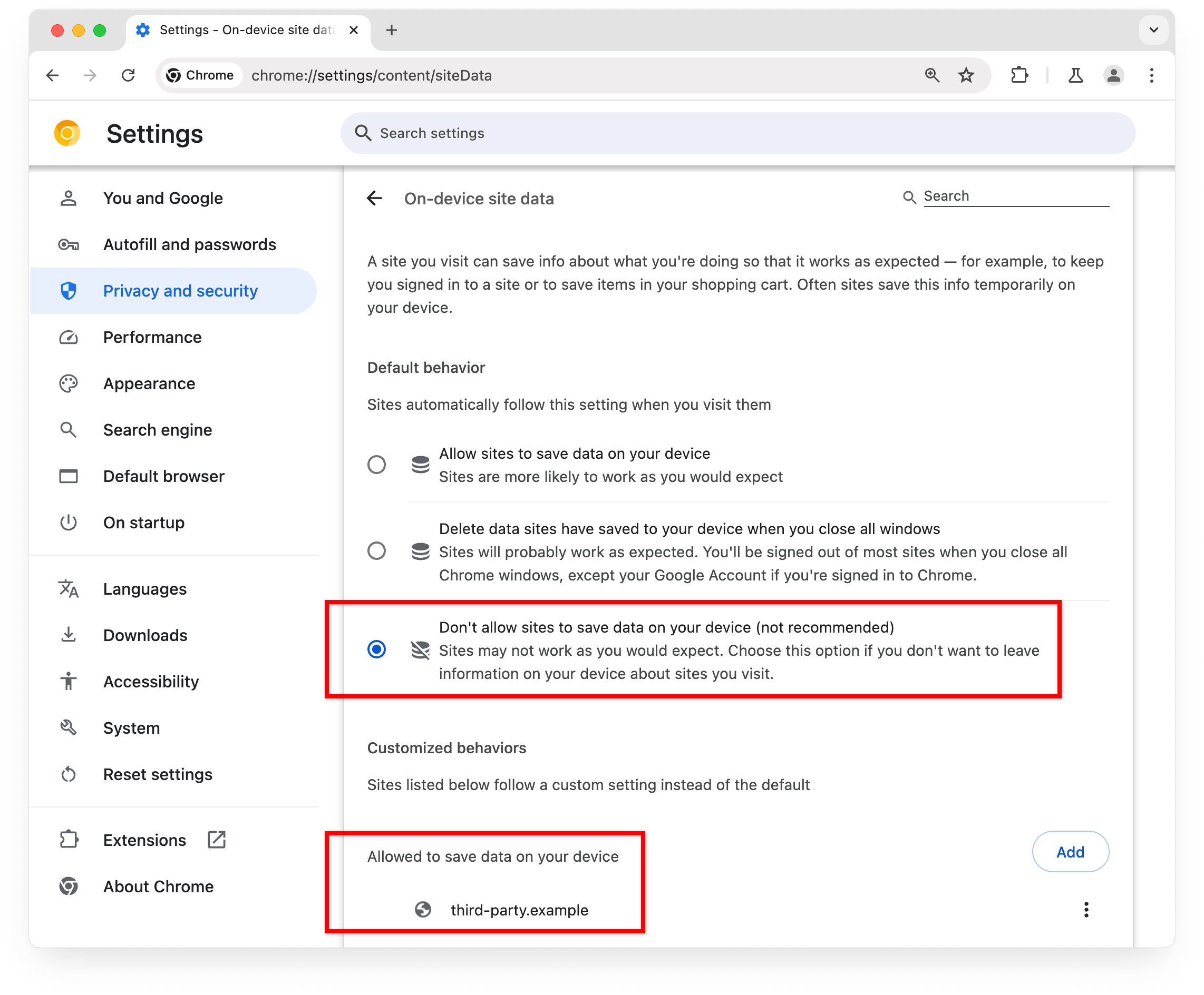 Pagina delle impostazioni di Chrome: l'opzione Non consentire ai siti di salvare dati sul dispositivo è selezionata. Il sito third-party.example è stato aggiunto ai siti autorizzati a salvare dati sul dispositivo