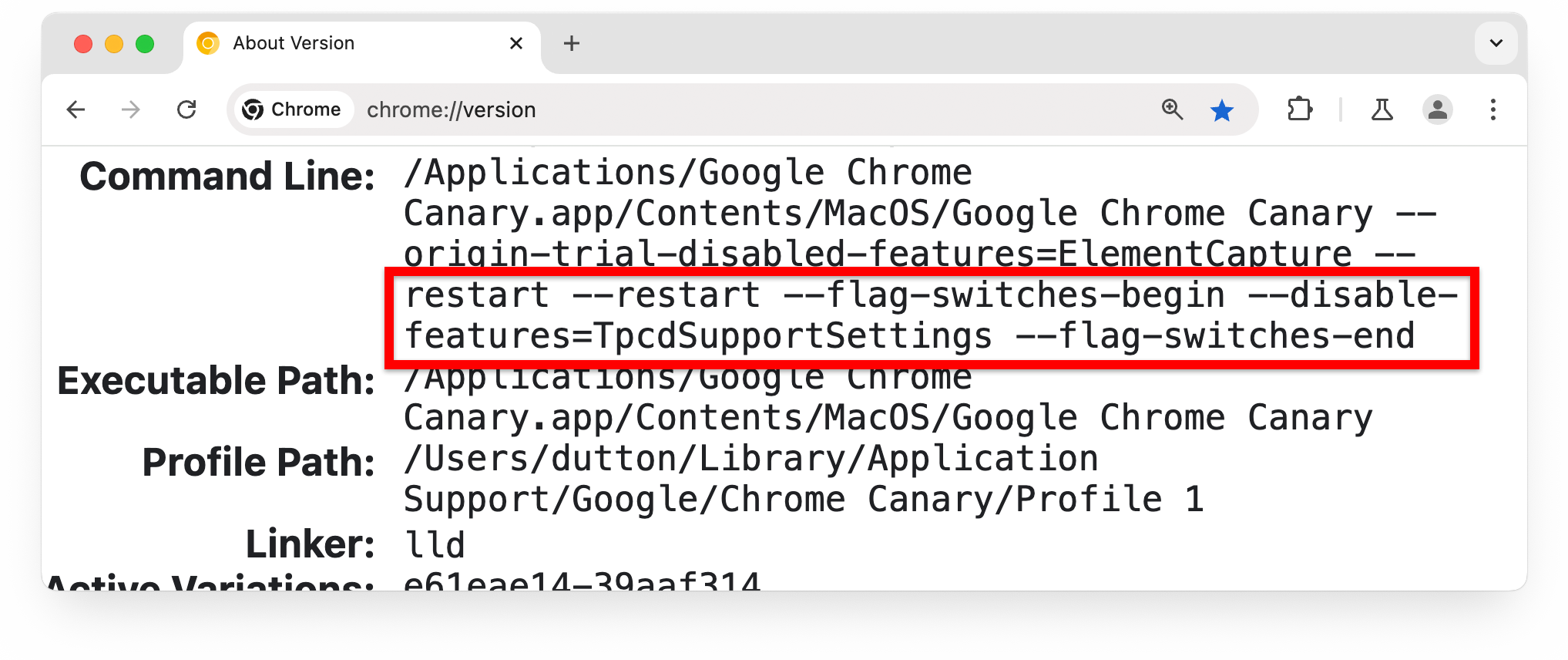 Page chrome://version avec un indicateur mis en surbrillance dans la section "Ligne de commande"