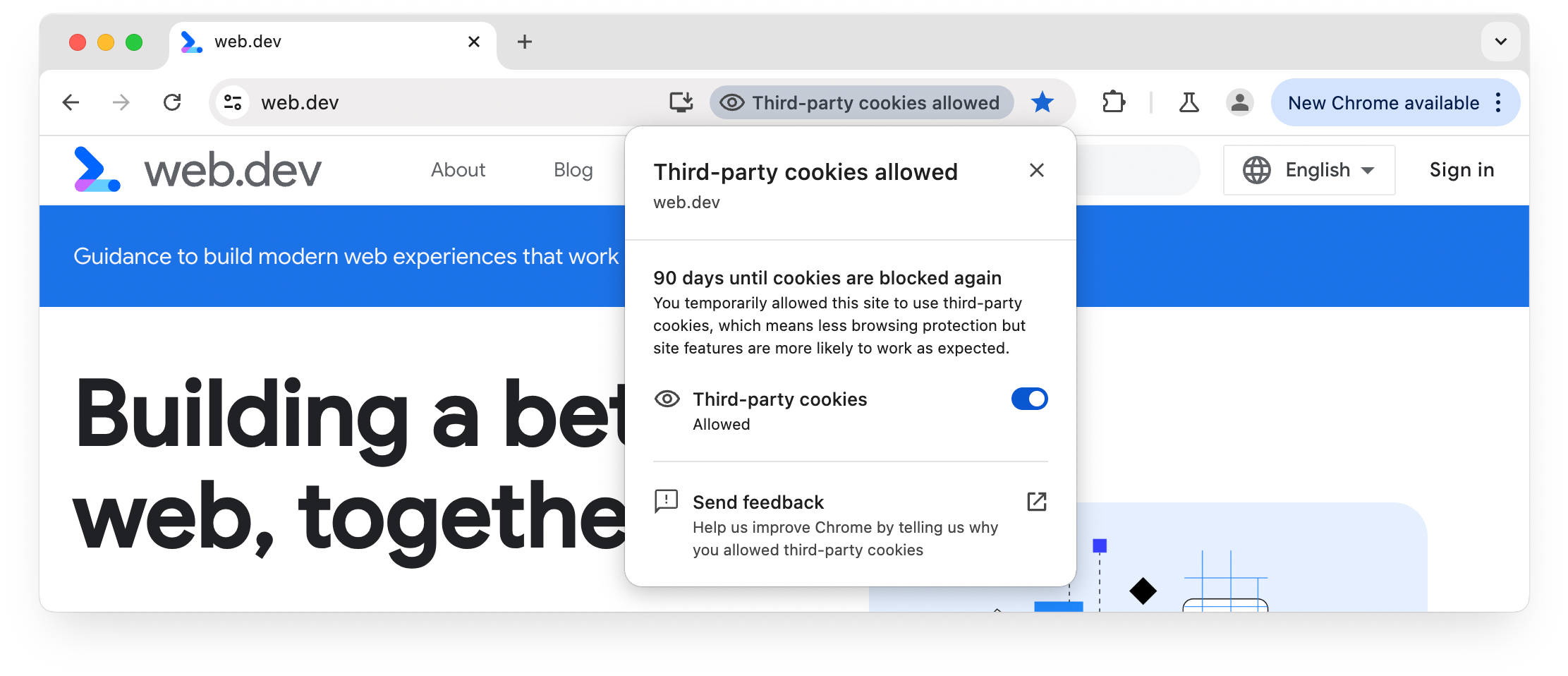 La barra de direcciones muestra el sitio web.dev y se permiten cookies de terceros para el sitio actual.