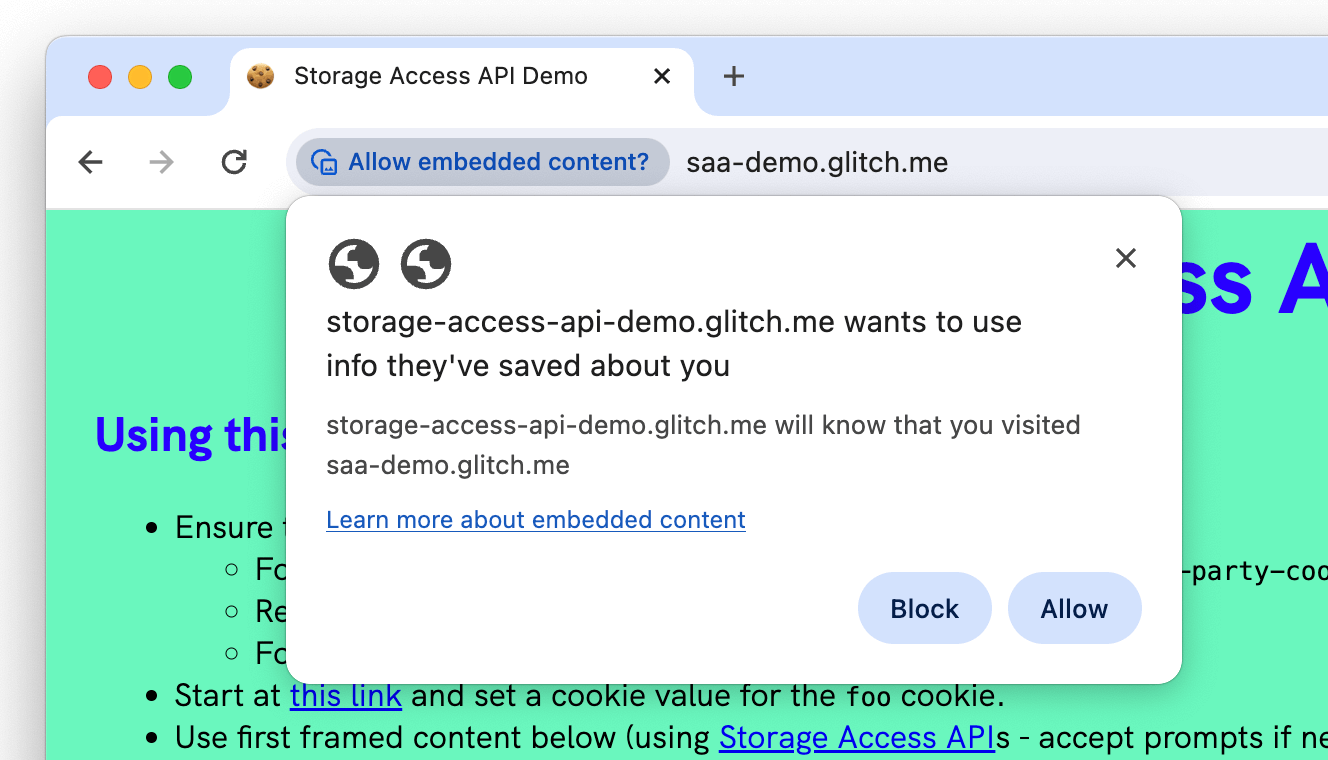 Chrome Storage Access API の権限プロンプト。